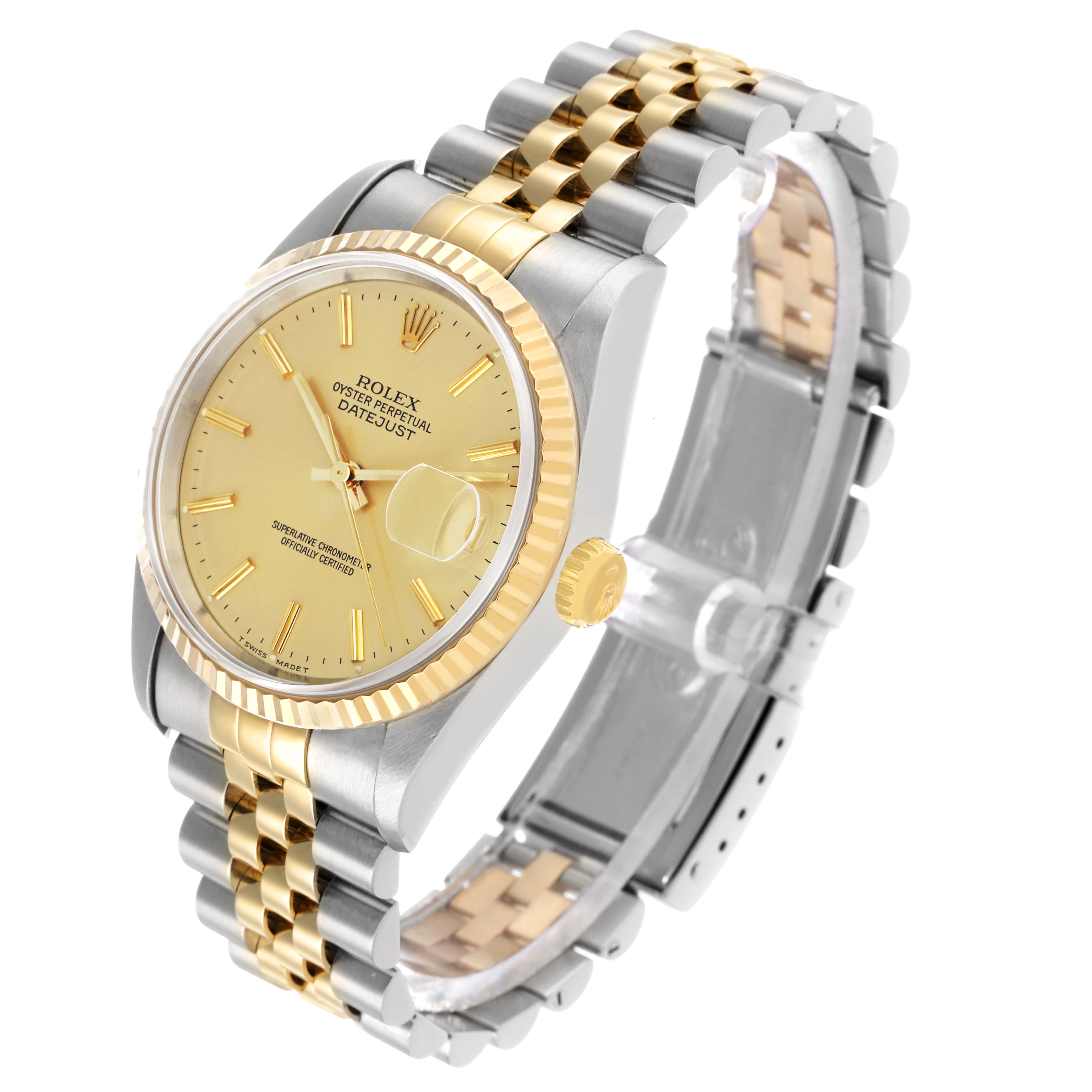 The Rolex Datejust 16233 Men's Steel and Gold (two tone) Champagne Dial watch is shown at an oblique angle, displaying its dial, bezel, crown, and two-tone bracelet.