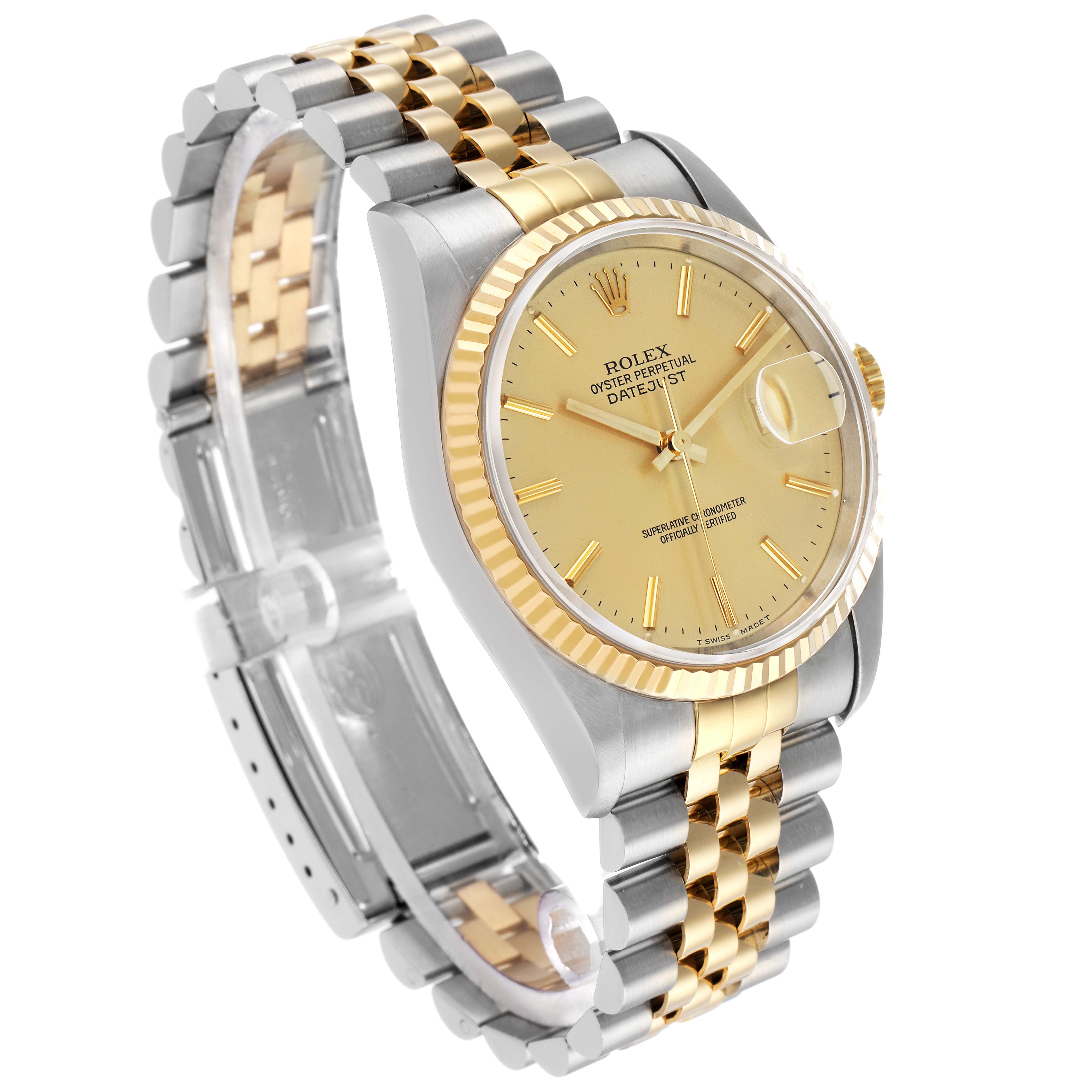 The Rolex Datejust 16233 Men's Steel and Gold (two tone) Champagne Dial watch is shown at a three-quarter angle, displaying the dial, bezel, bracelet, and partial side of the case.