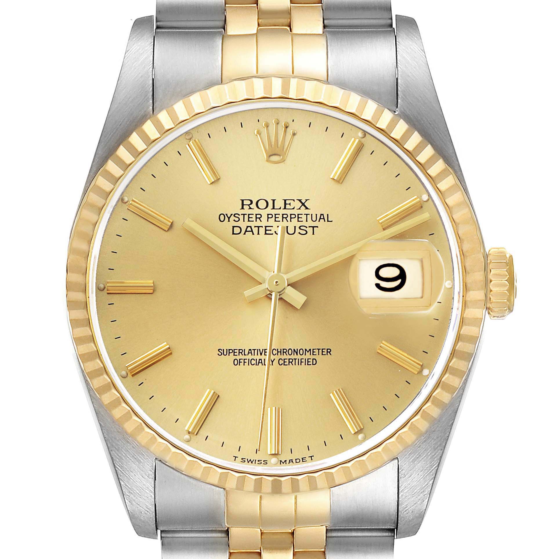 The Rolex Datejust 16233 Men's Steel and Gold (two tone) Champagne Dial watch is shown from a front angle, displaying its gold dial, fluted bezel, and two-tone bracelet.