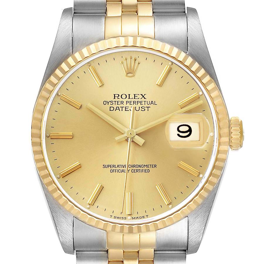 The Rolex Datejust 16233 Men's Steel and Gold (two tone) Champagne Dial watch is shown from a front angle, displaying its gold dial, fluted bezel, and two-tone bracelet.