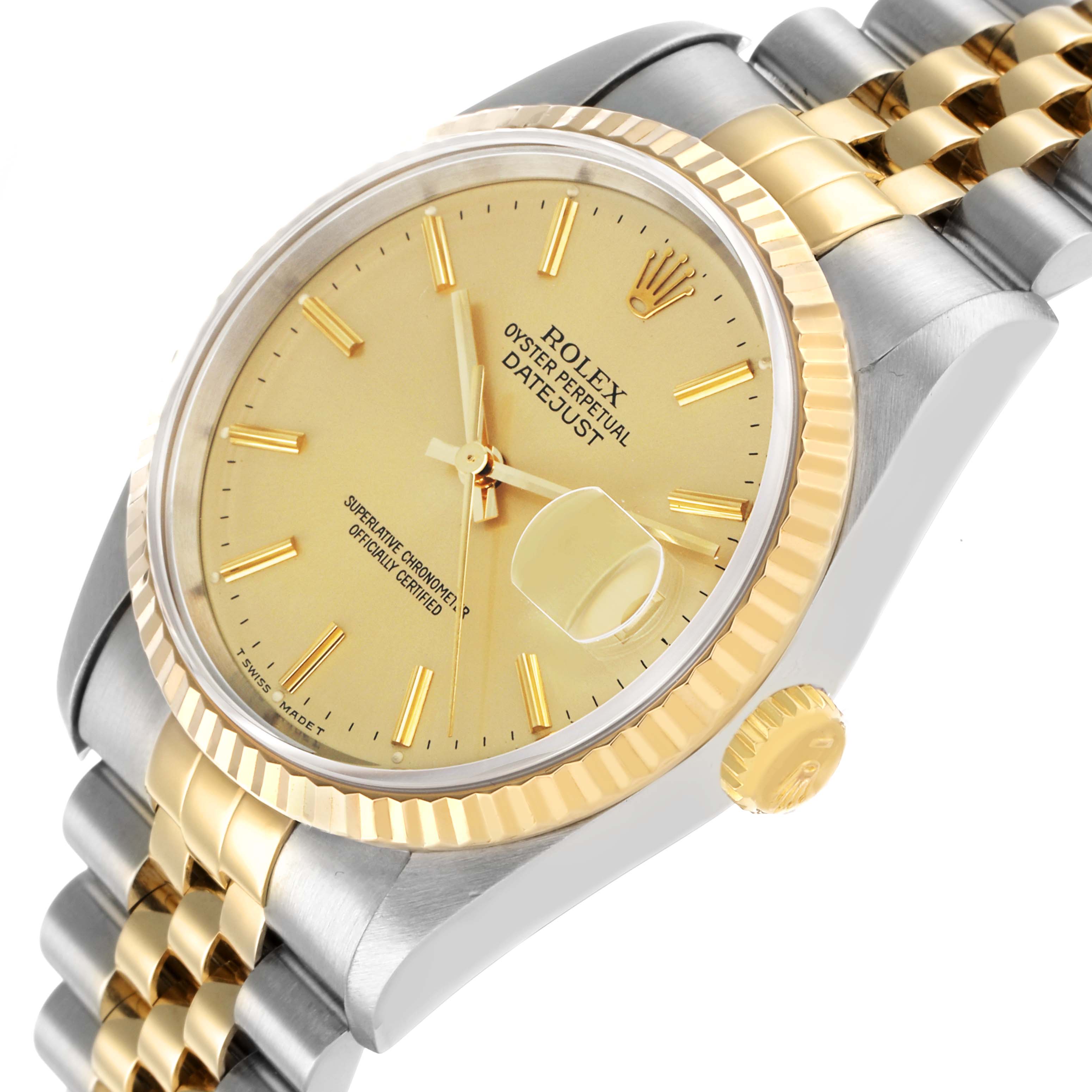 The Rolex Datejust 16233 Men's Steel and Gold (two tone) Champagne Dial watch is shown at a slight angle, highlighting its gold dial, fluted bezel, and two-tone Jubilee bracelet.