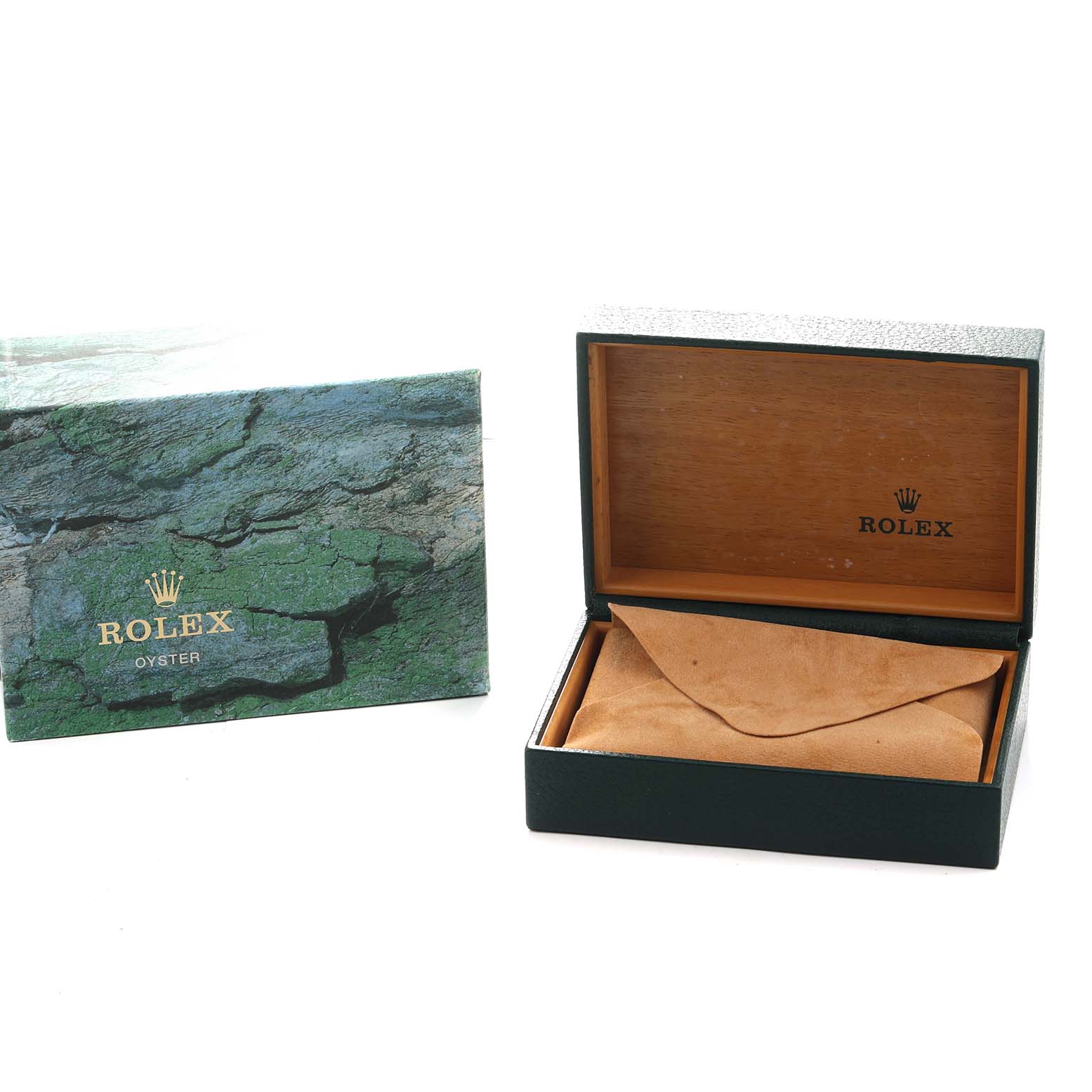 The image shows a Rolex Datejust 16233 Men's Steel and Gold (two tone) Champagne Dial watch box and cover, with the box open to reveal a cushioned interior.