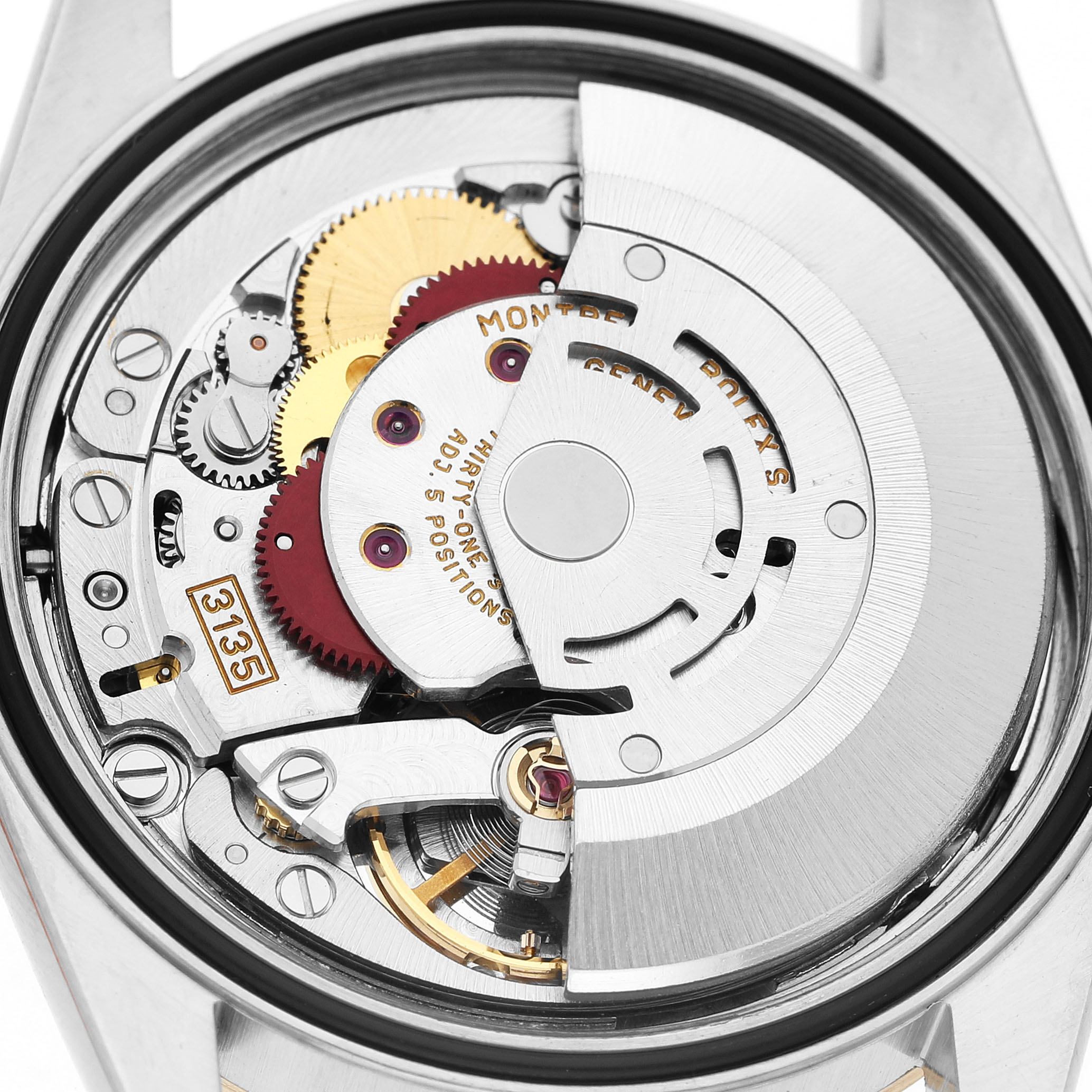 The image shows the internal movement of a Rolex Datejust 16203 Men's Stainless Steel Champagne Dial watch, focusing on the intricate gears and components.