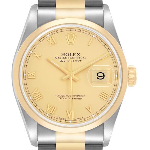 The Rolex Datejust 16203 Men's Stainless Steel Champagne Dial watch is shown from a front angle, displaying the dial, hands, bezel, crown, and part of the bracelet.
