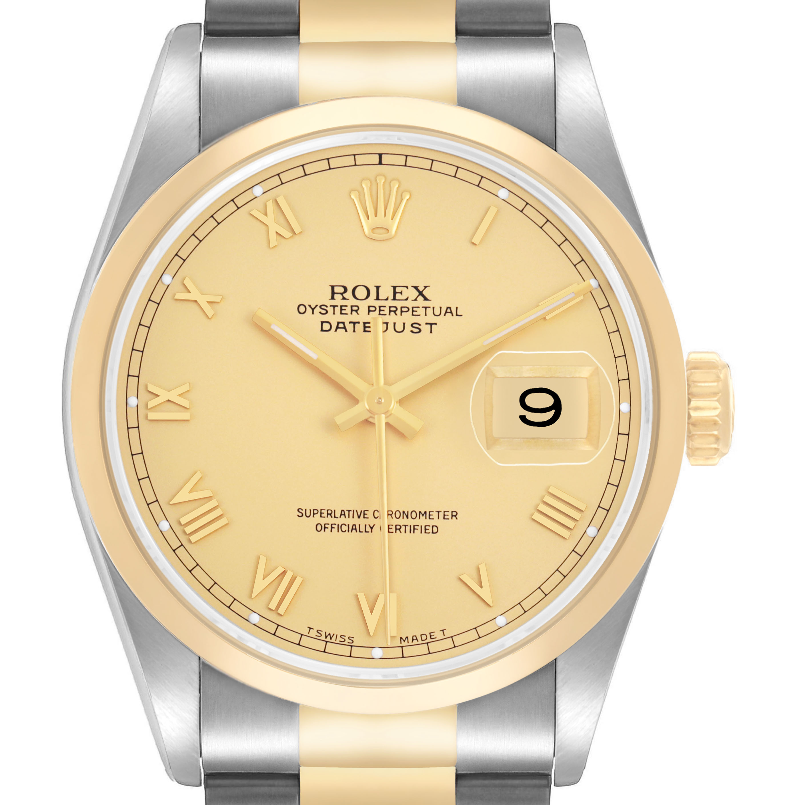The Rolex Datejust 16203 Men's Stainless Steel Champagne Dial watch is shown from a frontal angle, displaying its dial, bezel, crown, and part of the bracelet.