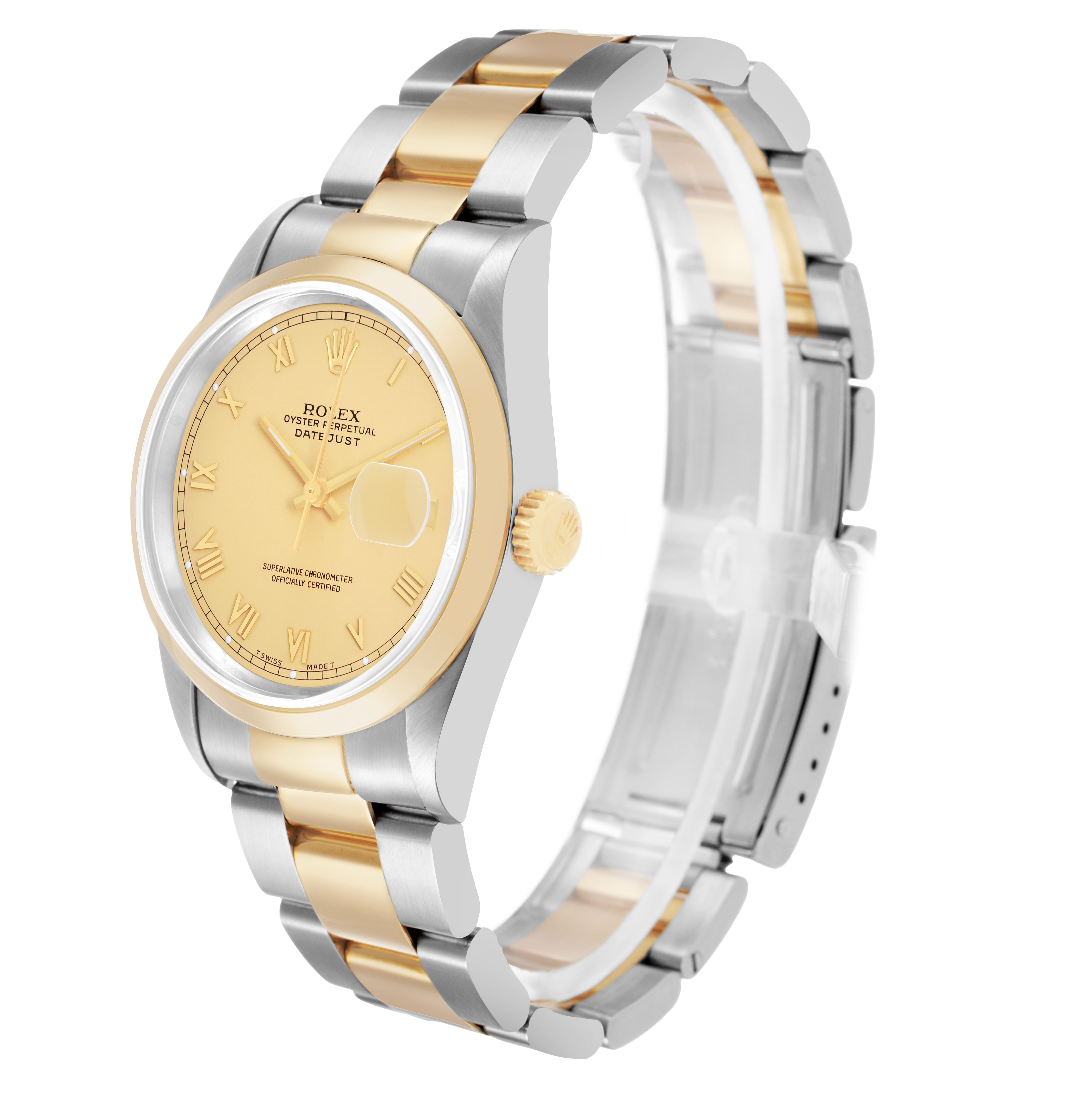 The Rolex Datejust 16203 Men's Stainless Steel Champagne Dial watch is shown at a three-quarter angle, highlighting its gold and silver bracelet, crown, and gold dial.