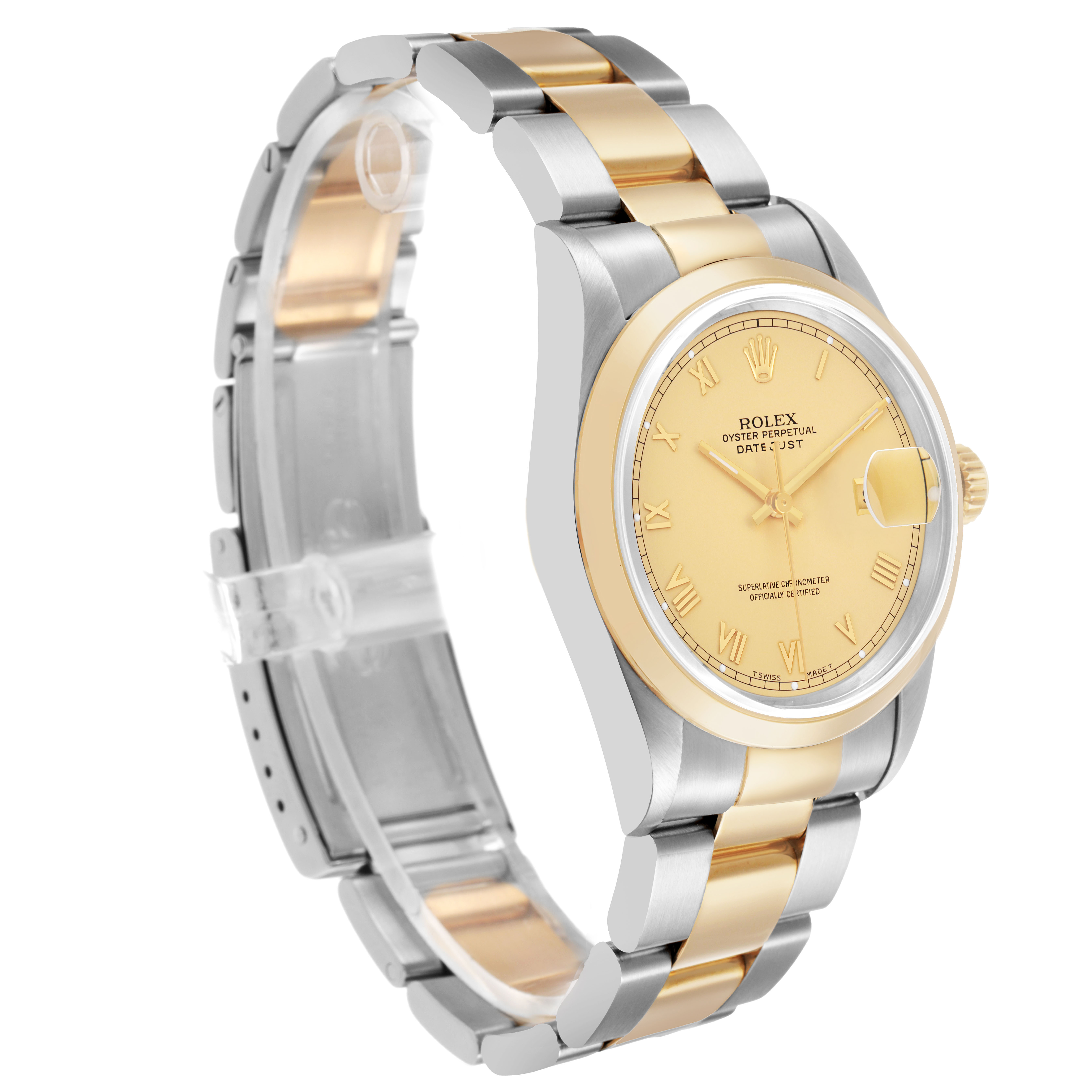 The Rolex Datejust 16203 Men's Stainless Steel Champagne Dial watch is shown at an angle highlighting the gold and steel case, dial, and the linked bracelet.
