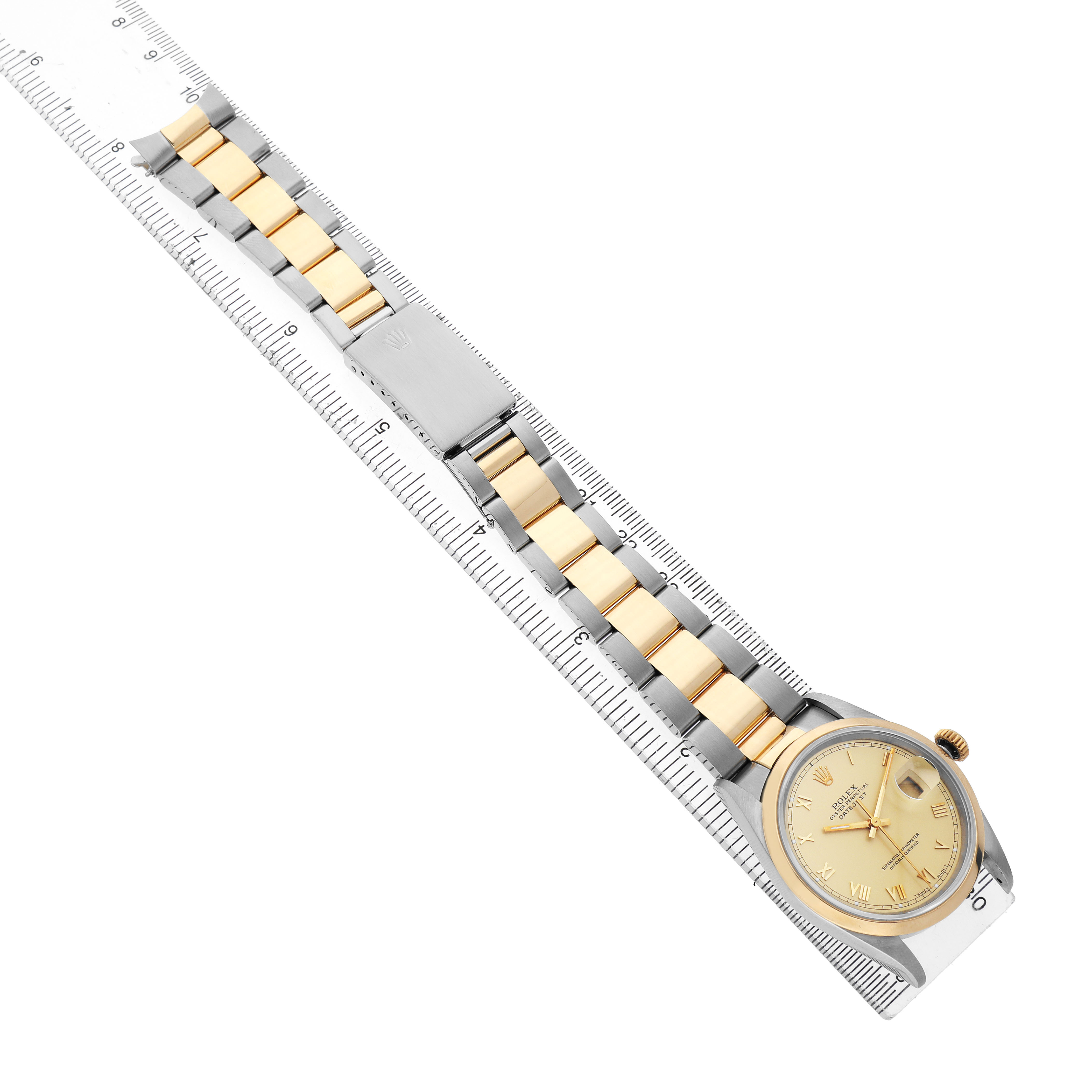 The Rolex Datejust 16203 Men's Stainless Steel Champagne Dial watch is shown from a top-down angle, highlighting the face, bracelet, and clasp.