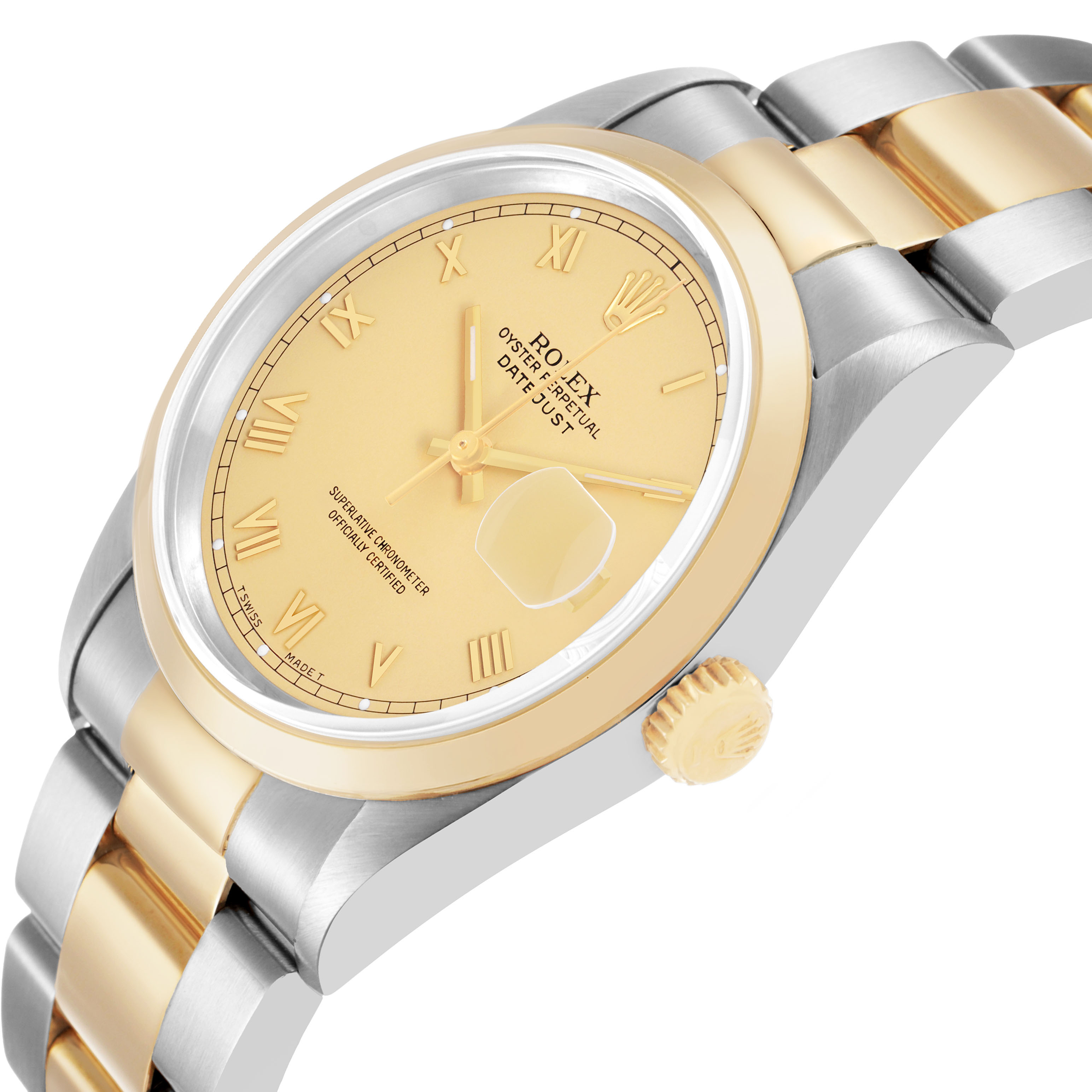 The Rolex Datejust 16203 Men's Stainless Steel Champagne Dial watch is shown at an angled side view, highlighting the bezel, dial, crown, and bracelet.
