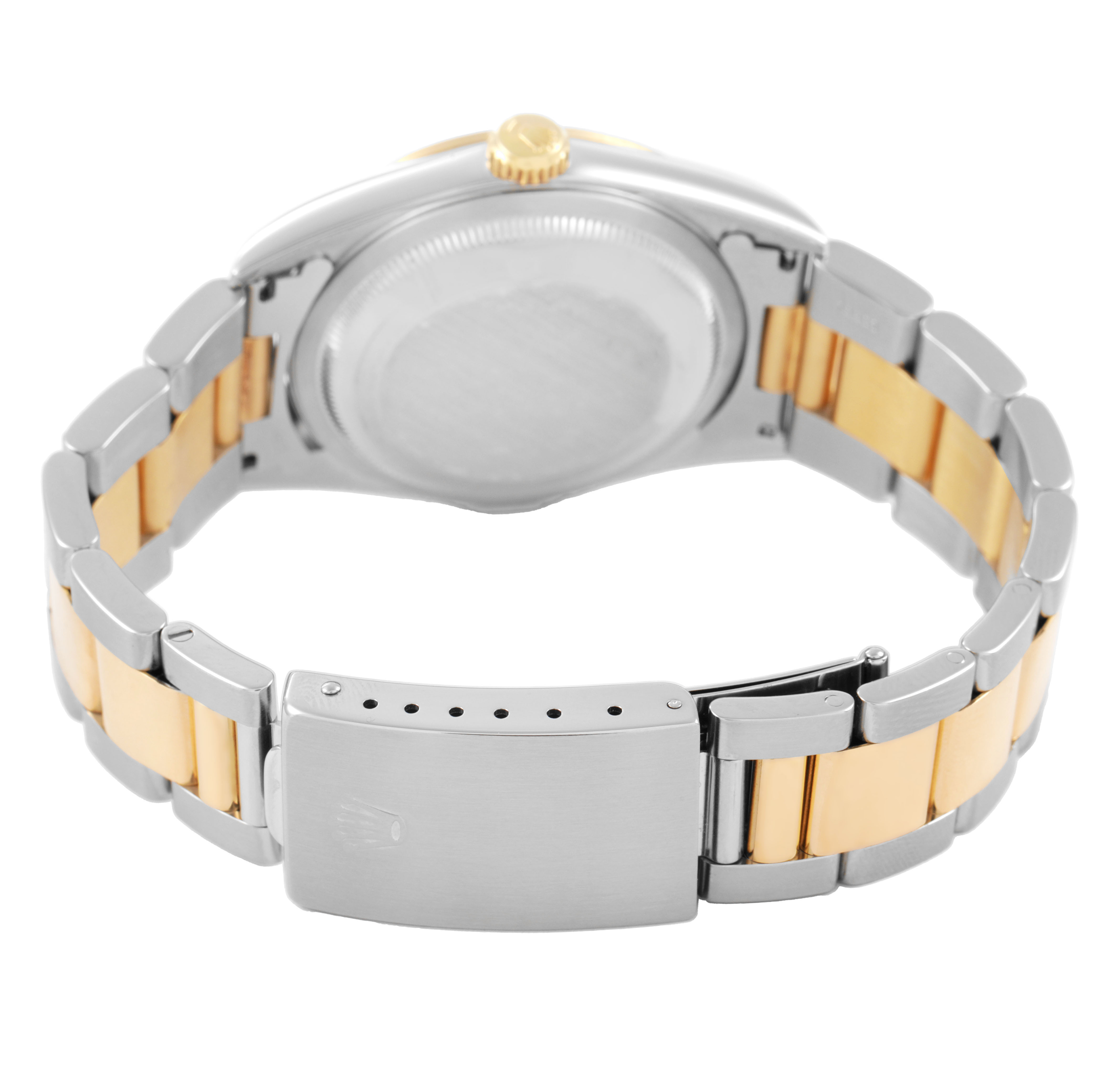 The Rolex Datejust 16203 Men's Stainless Steel Champagne Dial watch is shown from the back, highlighting the clasp and two-tone bracelet.