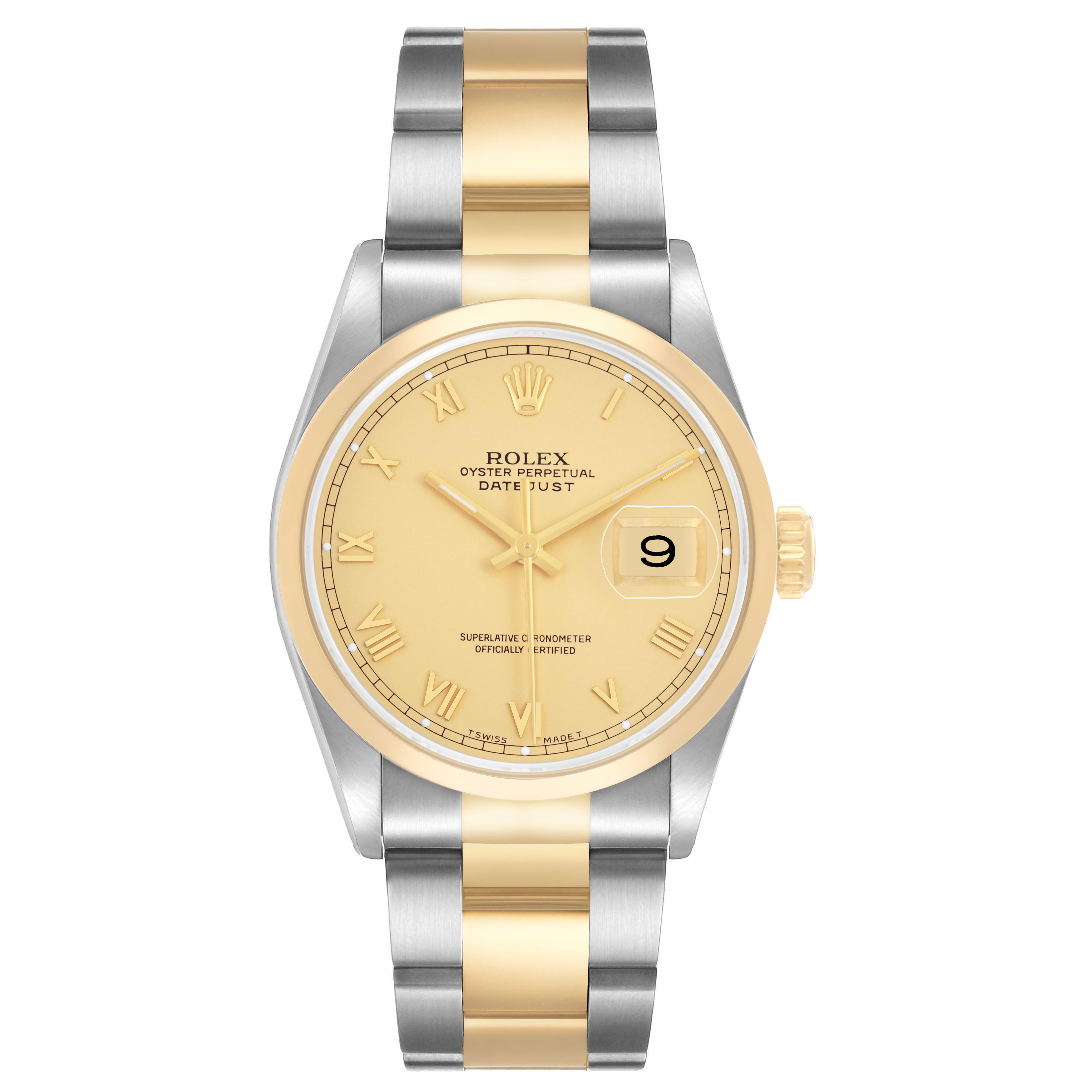 The Rolex Datejust 16203 Men's Stainless Steel Champagne Dial watch is shown from the front, displaying its face, bezel, and bracelet.
