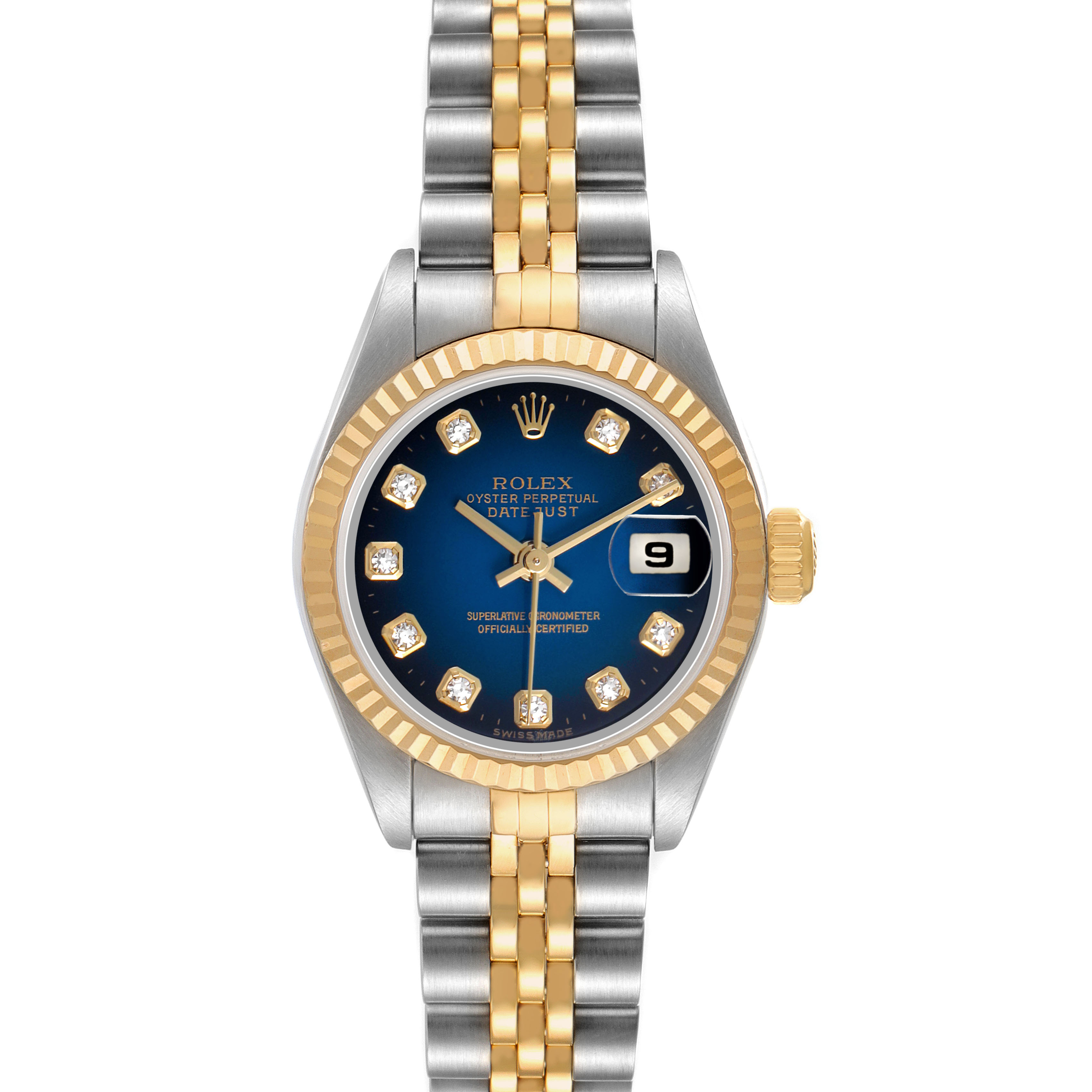The Rolex Datejust 79173 Women's Stainless Steel Blue Dial watch is shown from the front, displaying the dial, bezel, bracelet, and date window.