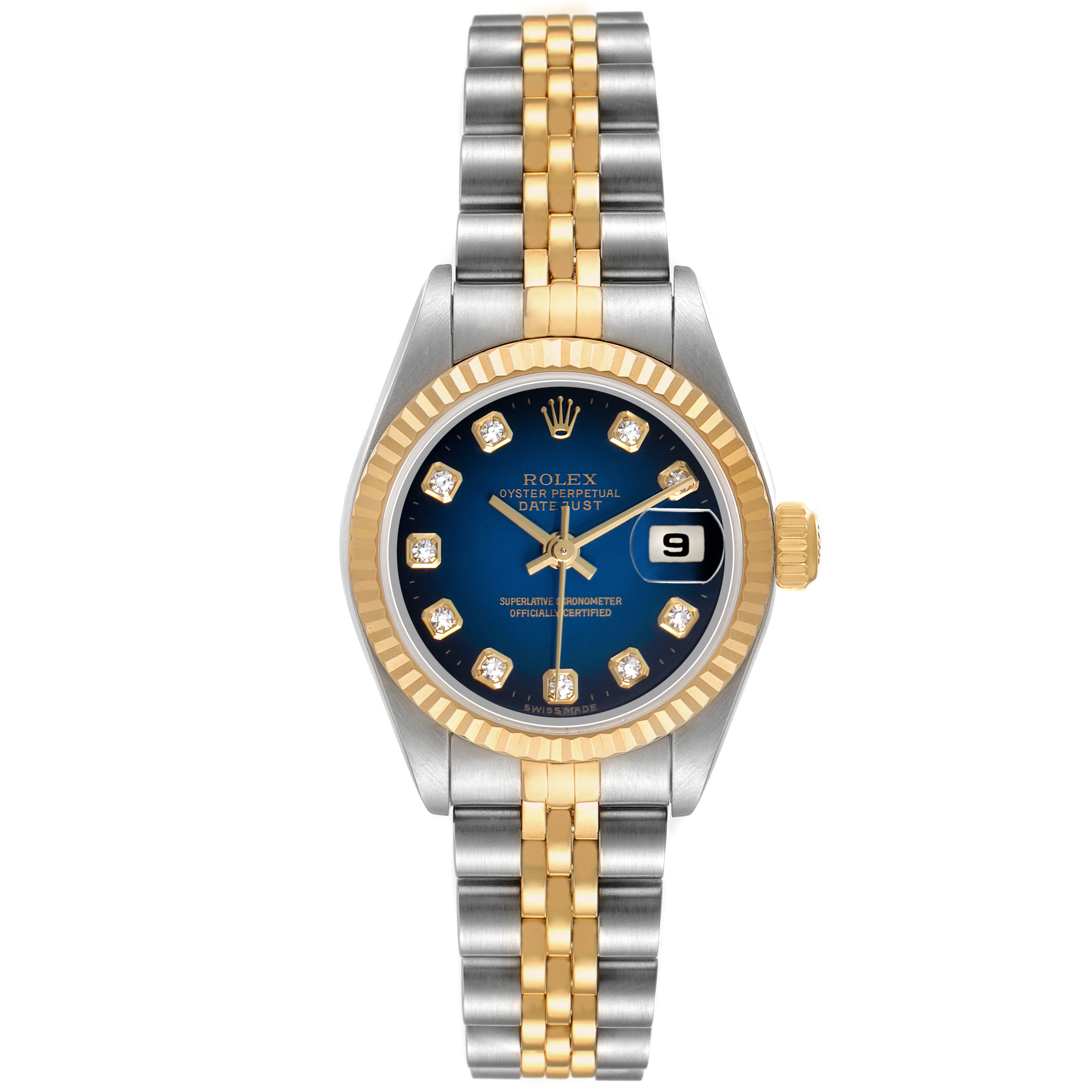 The Rolex Datejust 79173 Women's Stainless Steel Blue Dial watch is shown from the front, highlighting its face, bezel, and bracelet.