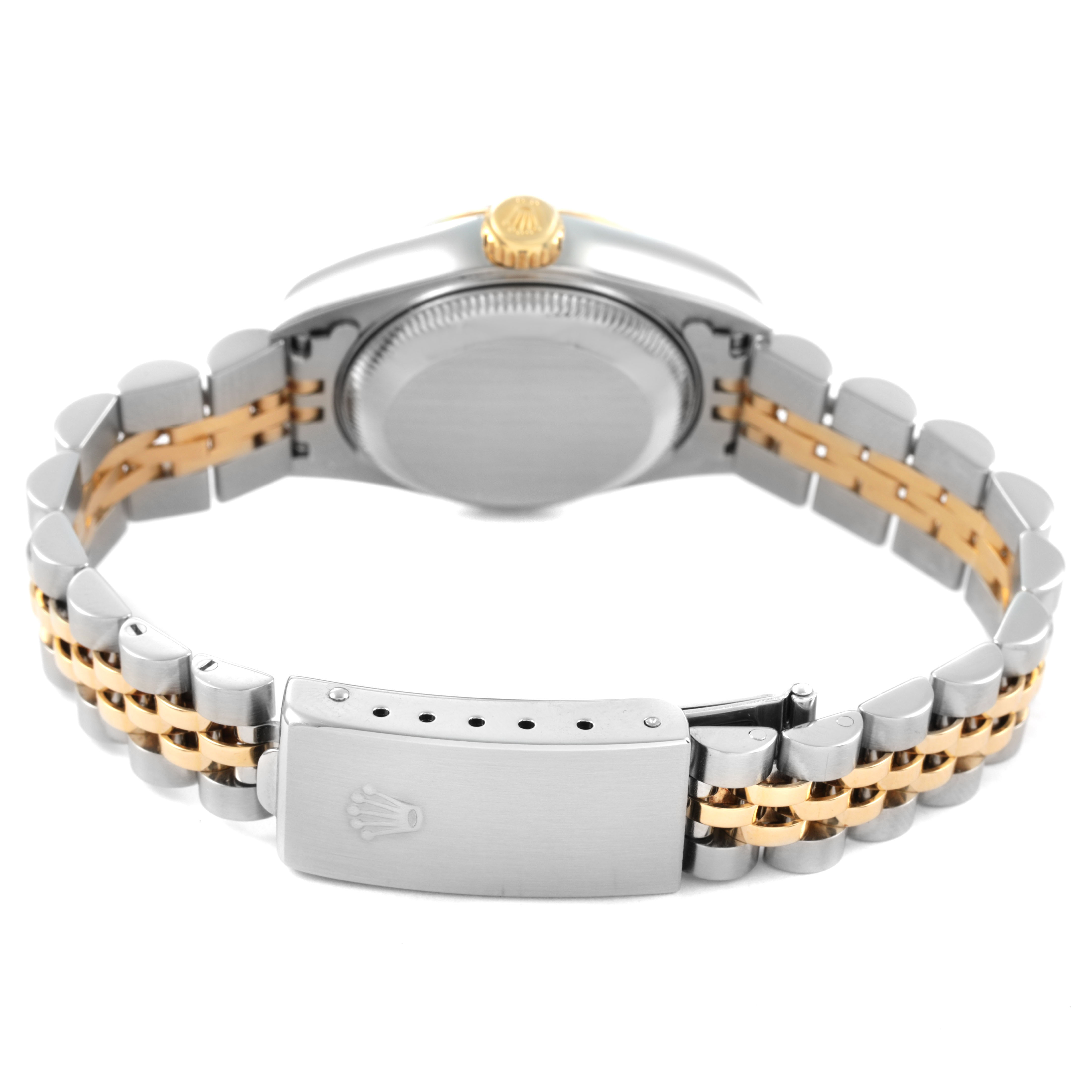 The image shows the back view of a Rolex Datejust 79173 Women's Stainless Steel Blue Dial watch, highlighting the case back, crown, and two-tone bracelet with a clasp.