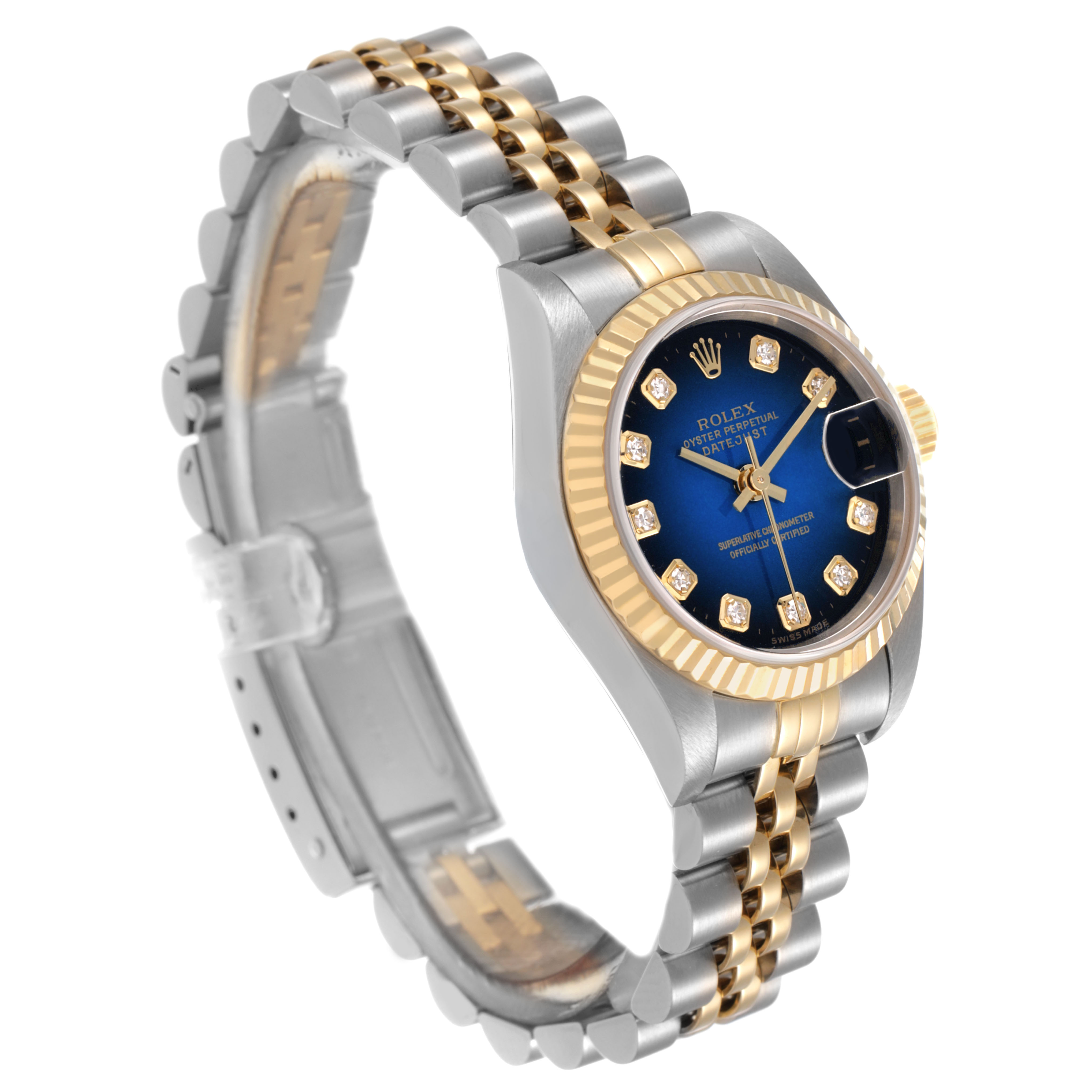 The Rolex Datejust 79173 Women's Stainless Steel Blue Dial watch is shown at a three-quarter angle, highlighting the blue dial, diamond hour markers, and two-tone bracelet.