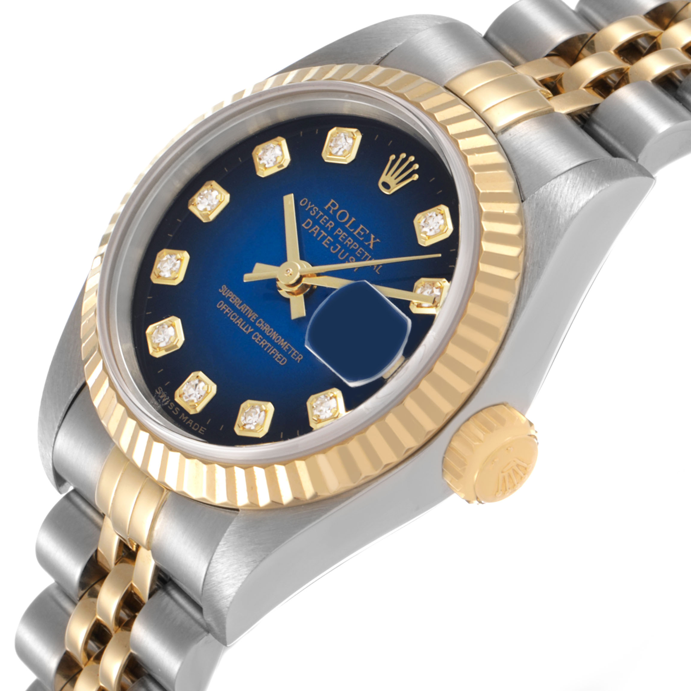 The Rolex Datejust 79173 Women's Stainless Steel Blue Dial watch is shown at an angled side view, highlighting the dial, bezel, crown, and part of the bracelet.