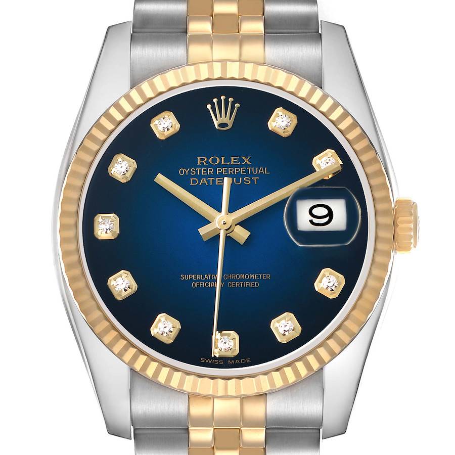 The Rolex Datejust 116233 Men's Steel and Gold (two tone) Blue Dial watch is shown from a top-down angle, highlighting the dial, bezel, and bracelet.