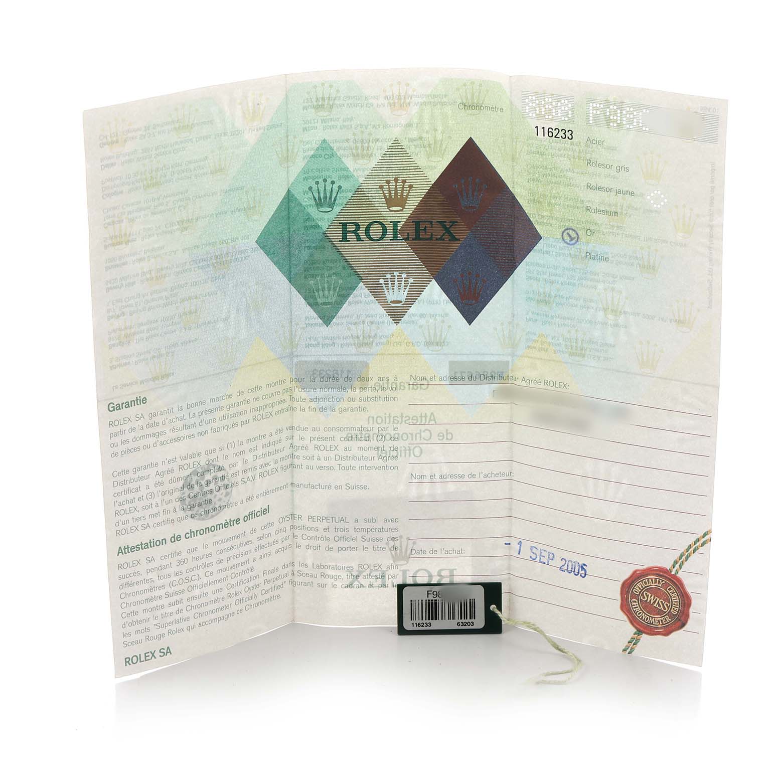 The image shows the warranty paper and certification for a Rolex Datejust 116233 Men's Steel and Gold (two tone) Blue Dial watch, featuring text and logos.