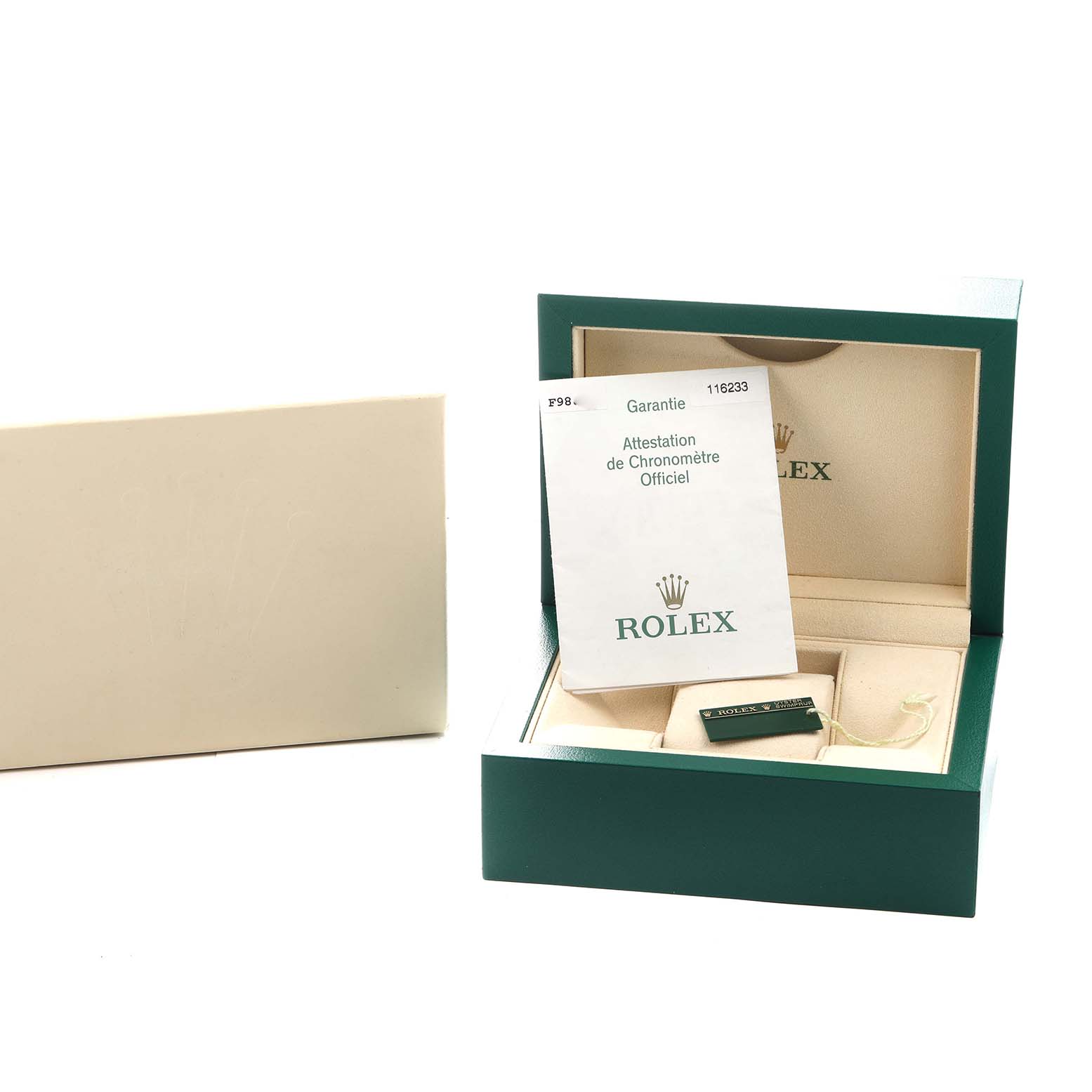 The image shows the packaging, warranty card, and leaflet for a Rolex Datejust 116233 Men's Steel and Gold (two tone) Blue Dial watch.