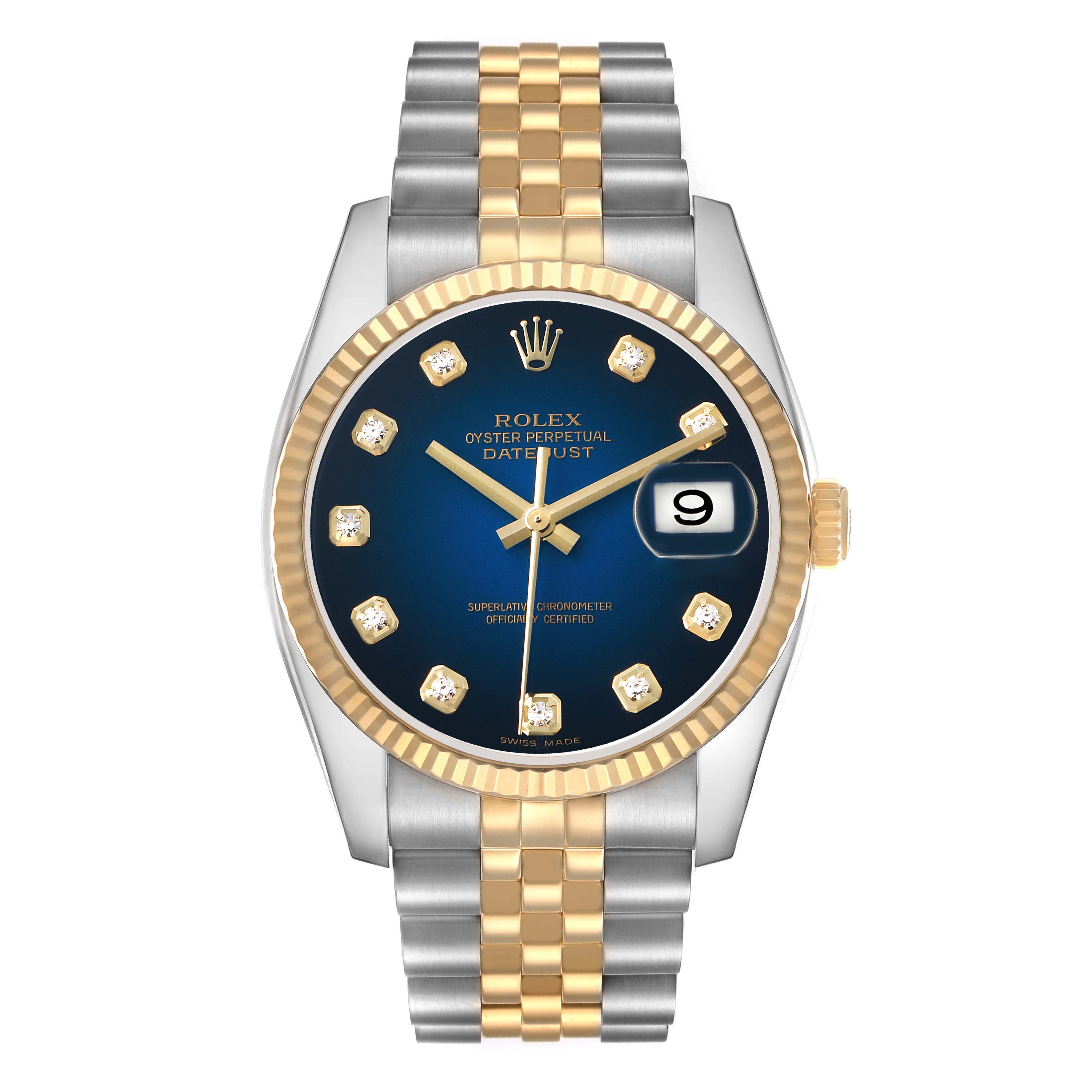 The Rolex Datejust 116233 Men's Steel and Gold (two tone) Blue Dial watch is shown from a front angle, highlighting the face, bezel, and two-tone bracelet.