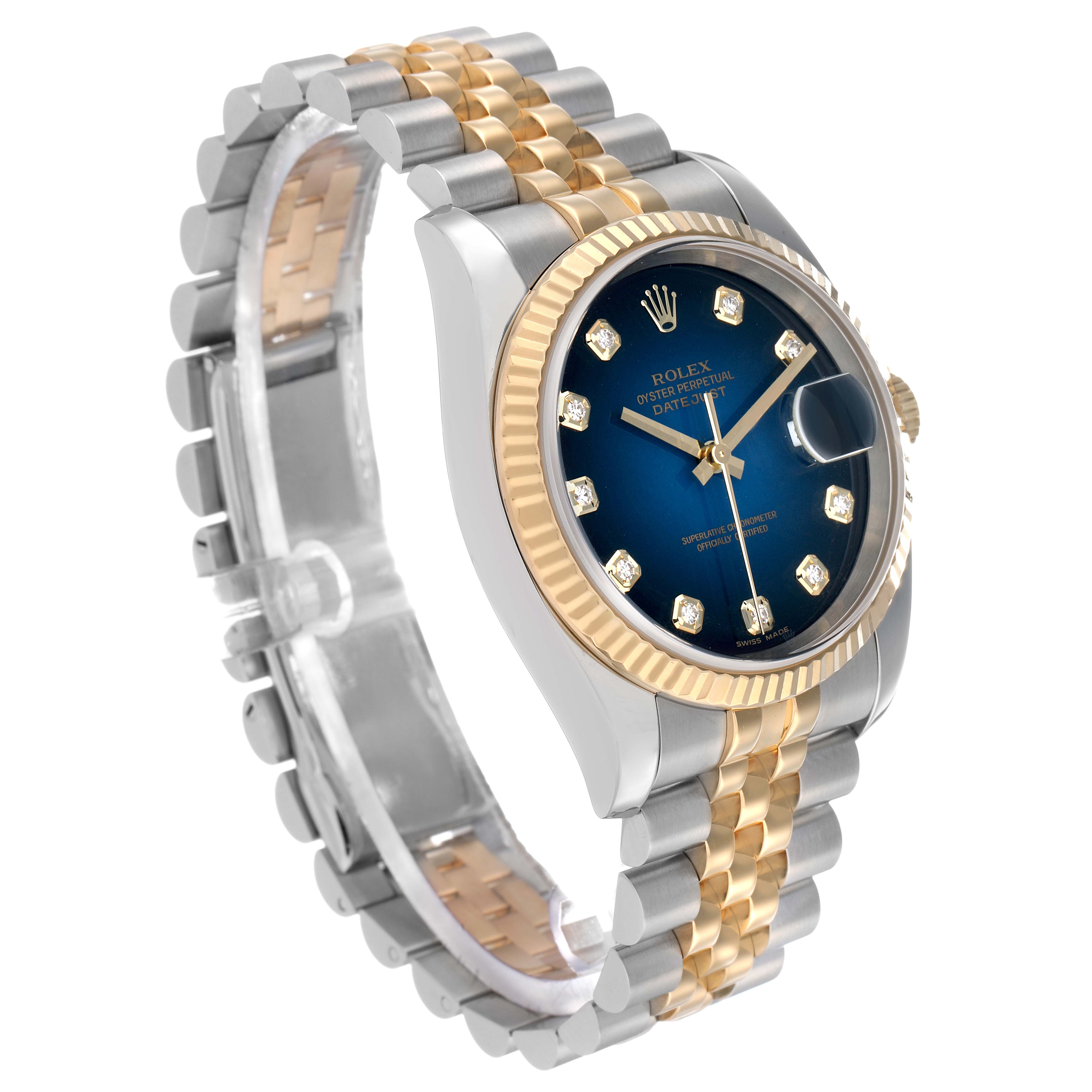 The Rolex Datejust 116233 Men's Steel and Gold (two tone) Blue Dial watch is shown at an angle highlighting its blue dial, two-tone bracelet, and fluted bezel.