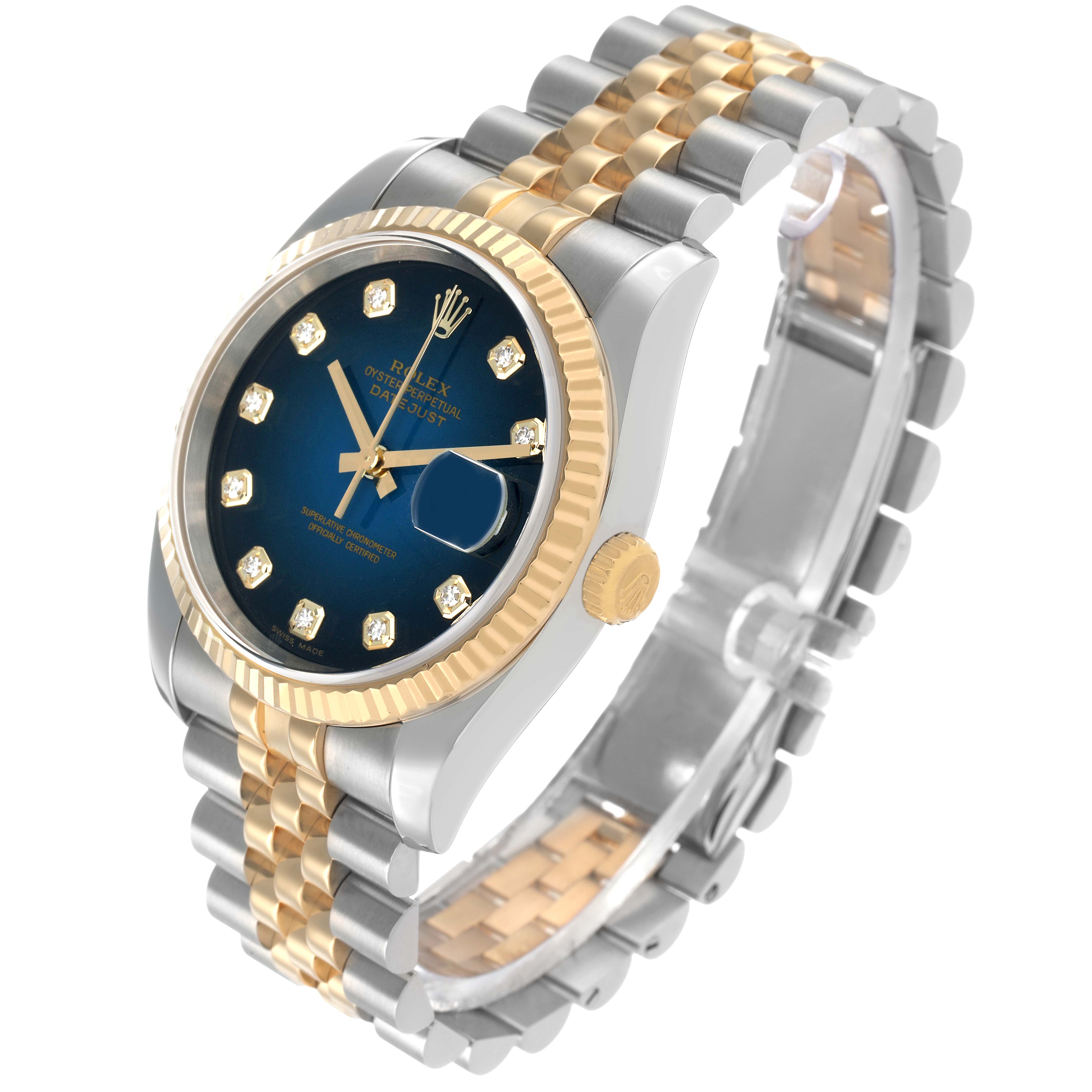 The Rolex Datejust 116233 Men's Steel and Gold (two tone) Blue Dial watch is shown at an angled view, highlighting its blue dial, diamond hour markers, fluted bezel, and two-tone bracelet.