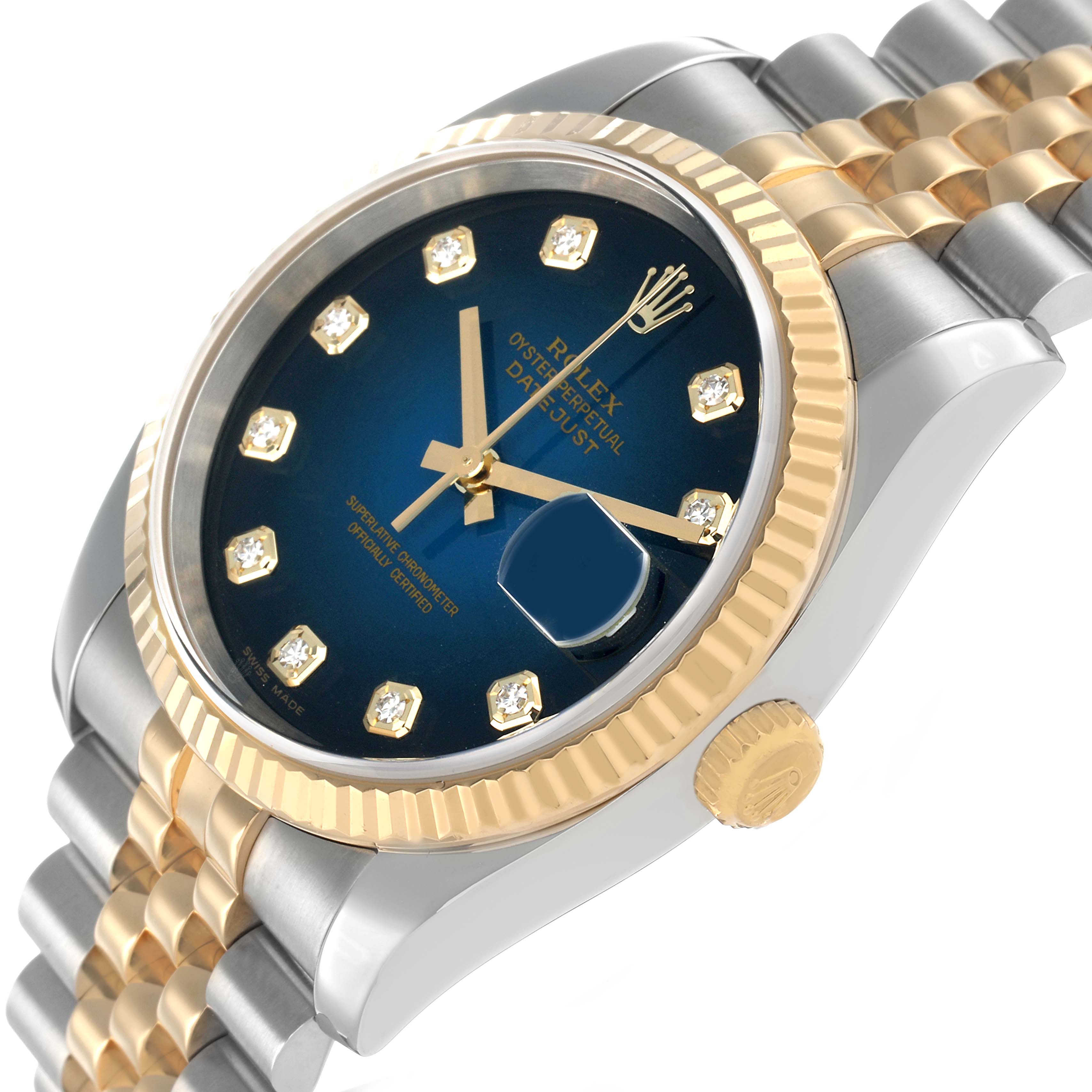 The Rolex Datejust 116233 Men's Steel and Gold (two tone) Blue Dial watch is shown at an angled view highlighting the dial, bezel, crown, and part of the bracelet.
