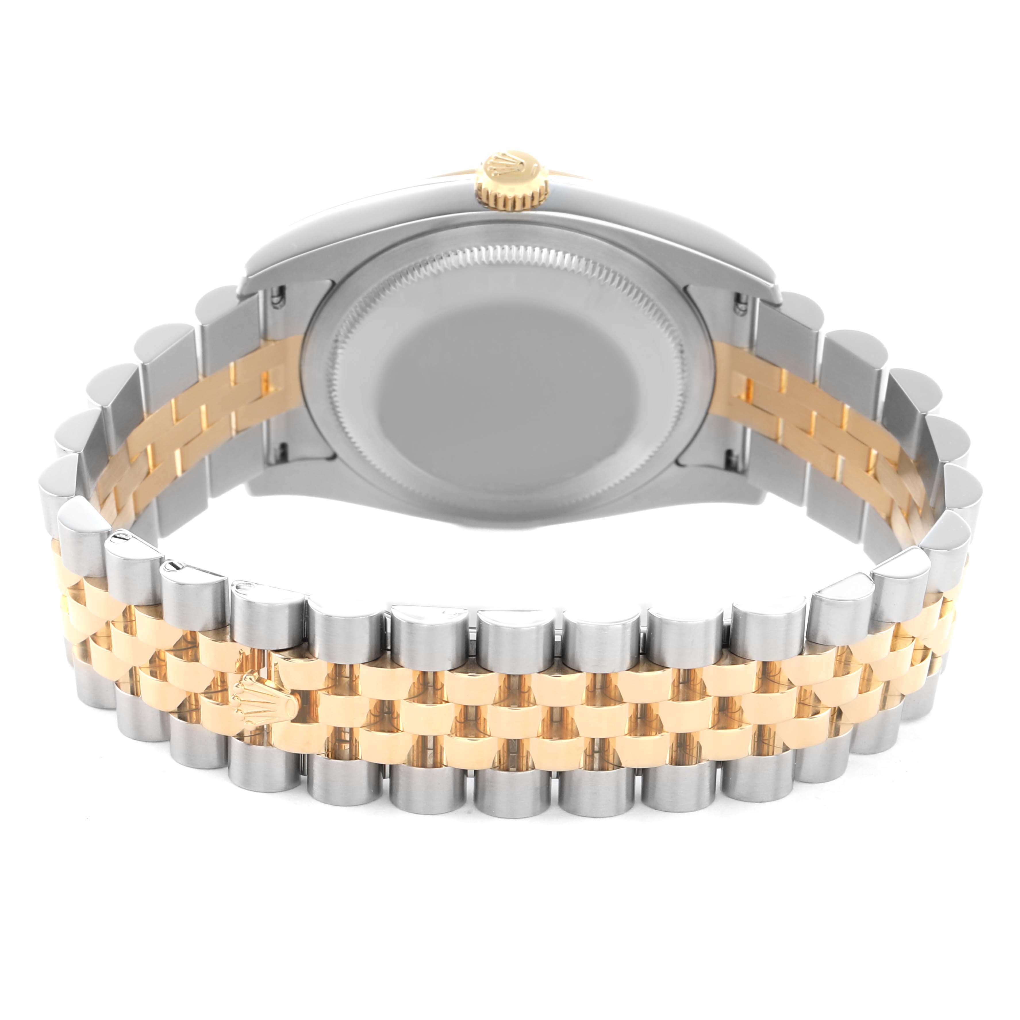 This image shows the back of a Rolex Datejust 116233 Men's Steel and Gold (two tone) Blue Dial watch, highlighting the case and bracelet in a two-tone design.