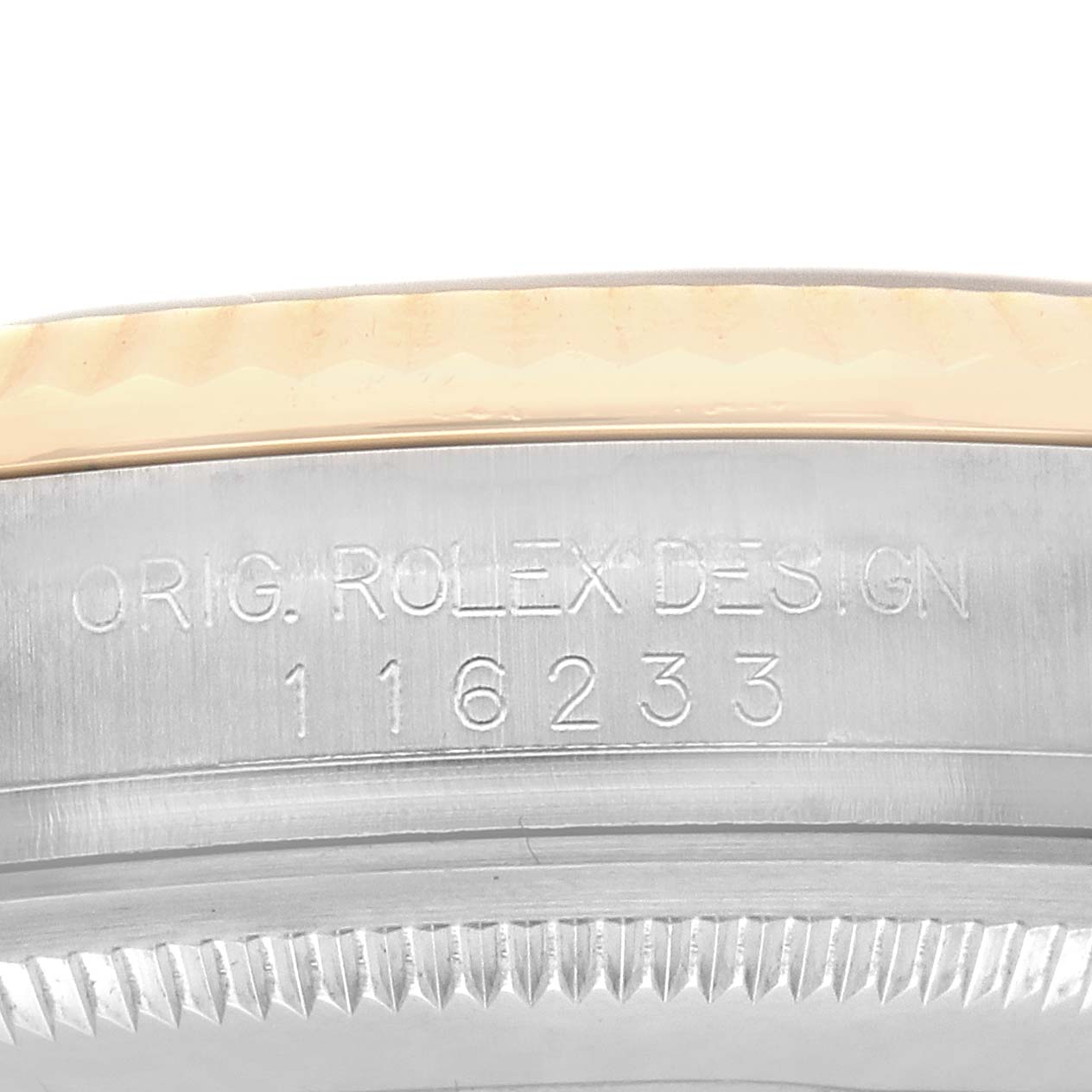 The image shows a close-up of the side of a Rolex Datejust 116233 Men's Steel and Gold (two tone) Blue Dial, highlighting the engraved model number.
