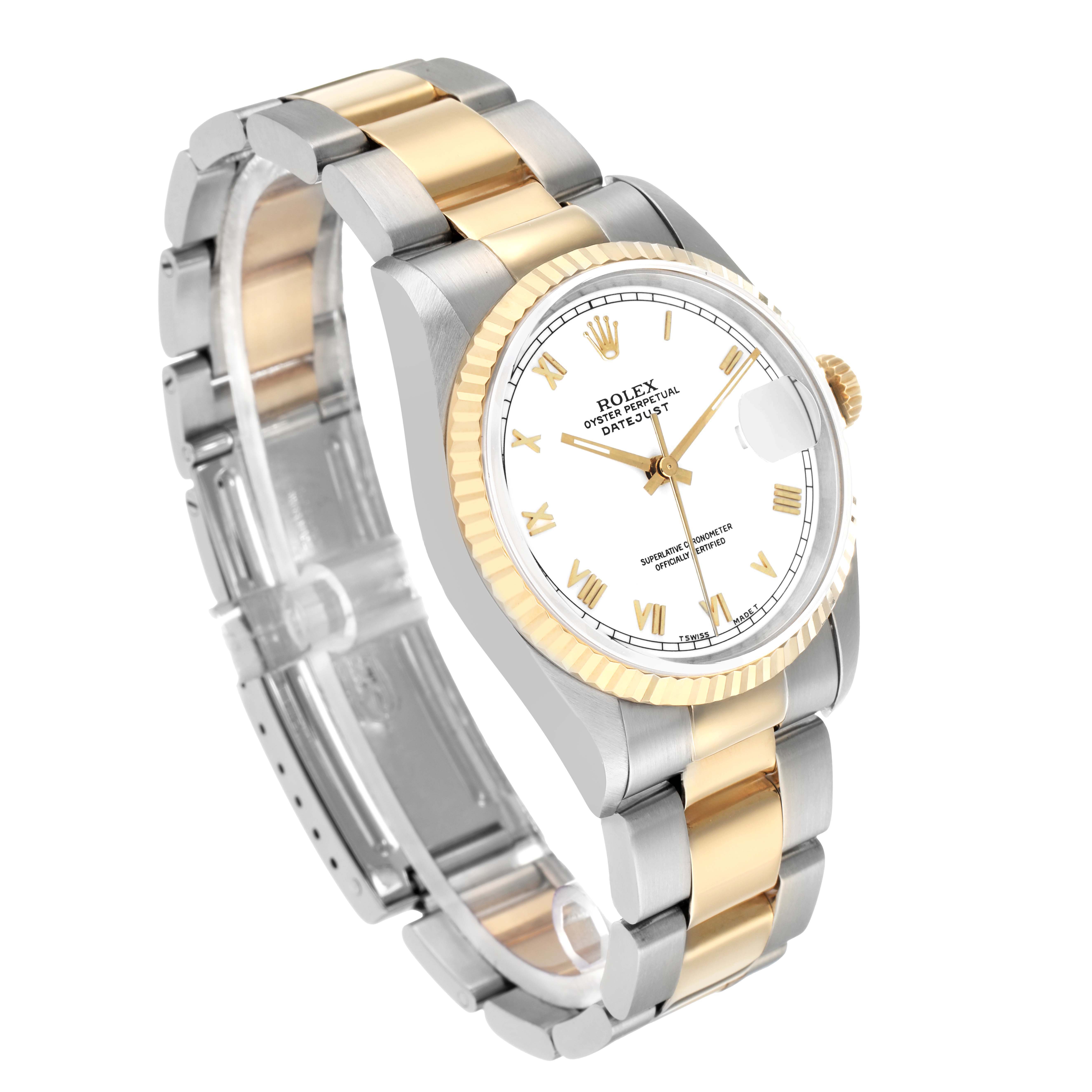 The Rolex Datejust 16233 Men's Steel and Gold (two tone) White Dial watch is shown at a three-quarter angle, displaying the face, bezel, and two-tone bracelet.