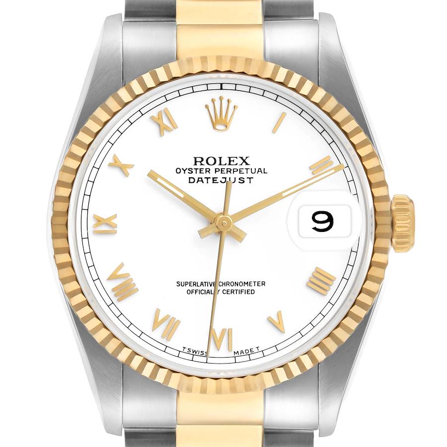 This Rolex Datejust 16233 Men's Steel and Gold (two tone) White Dial watch is shown from a front angle, highlighting the dial, gold fluted bezel, and part of the bracelet.