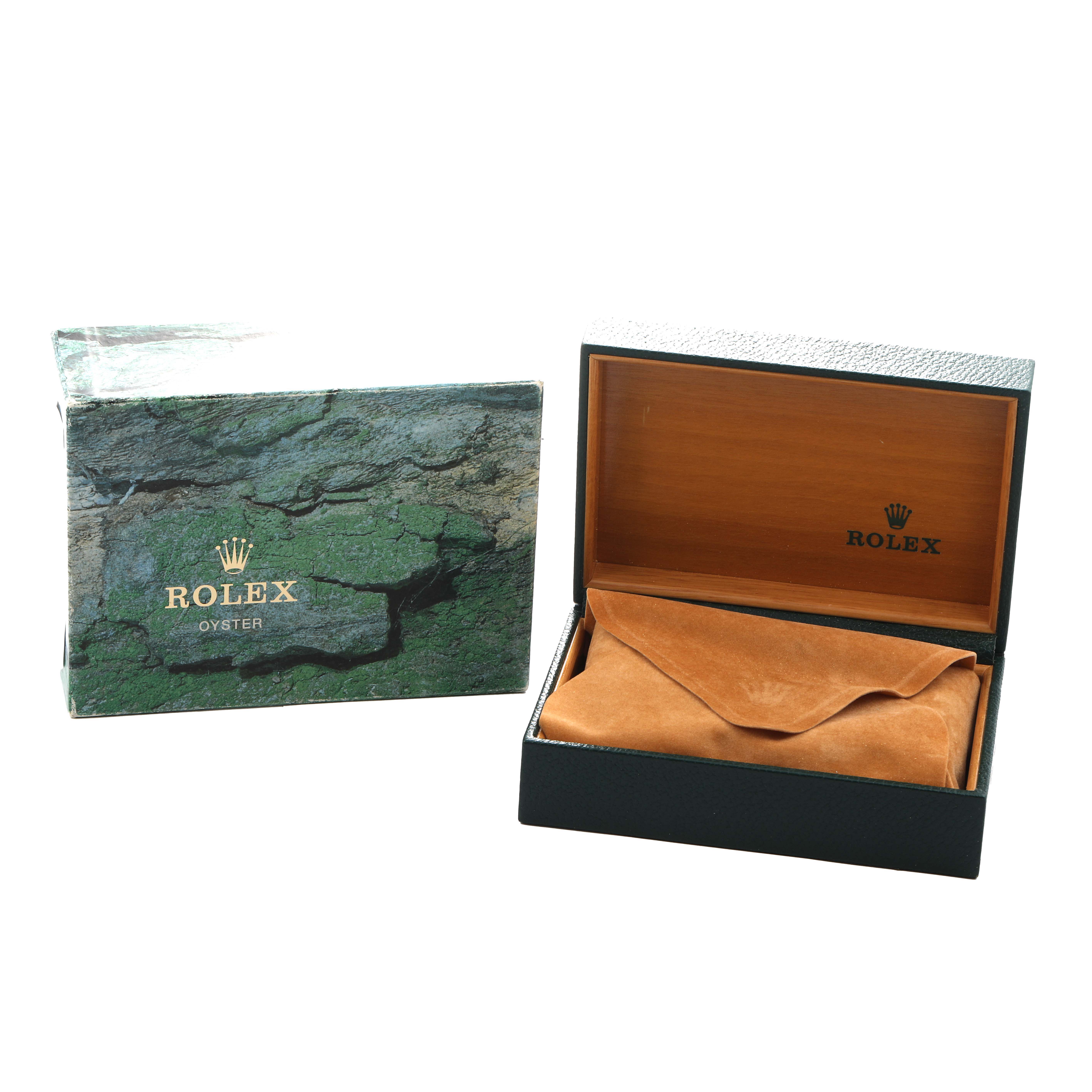 The image shows a Rolex Datejust 16233 Men's Steel and Gold (two tone) White Dial box and a leather pouch, with the box open to reveal the interior branding.