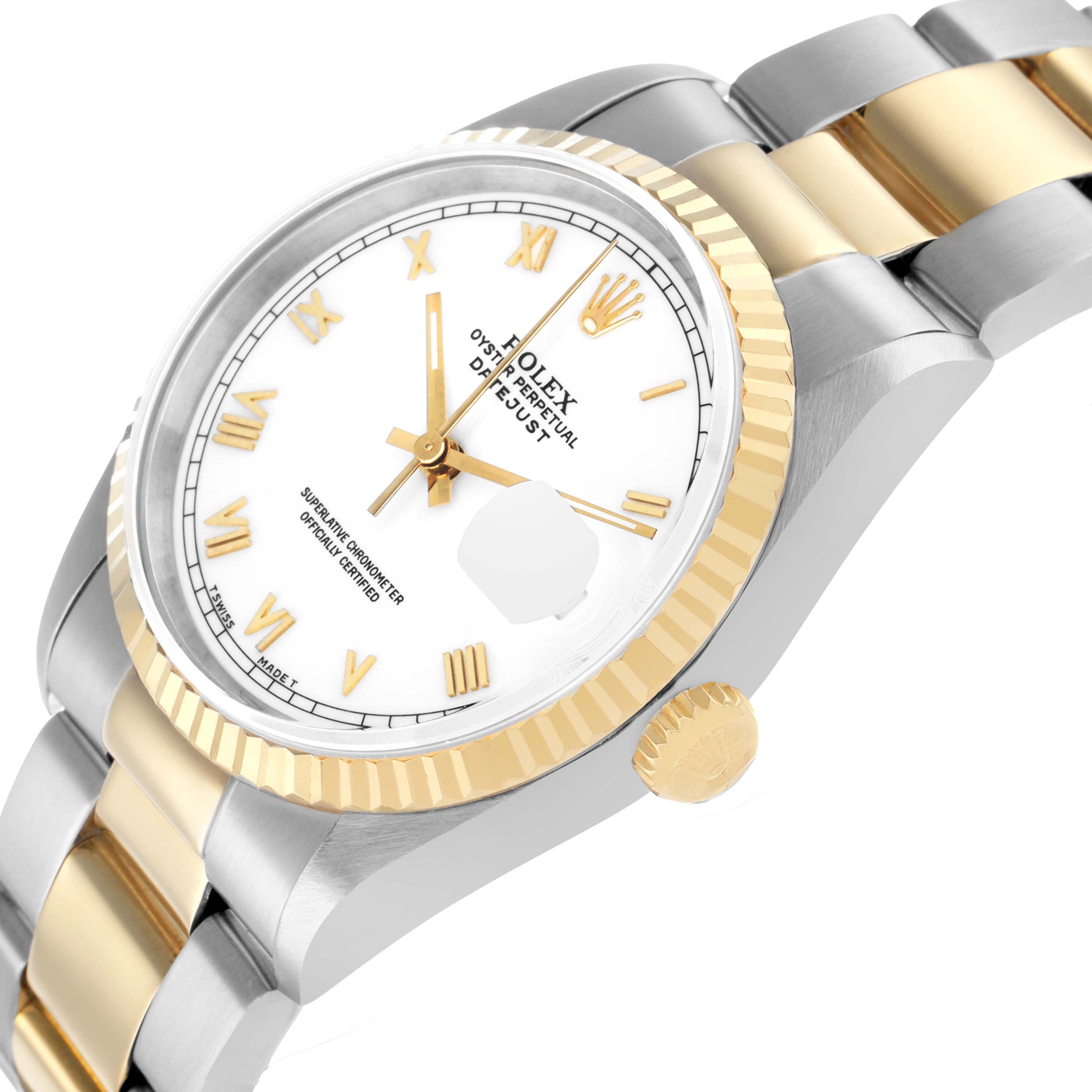 The Rolex Datejust 16233 Men's Steel and Gold (two tone) White Dial watch is shown at an angled side view, highlighting the bezel, crown, and part of the bracelet.