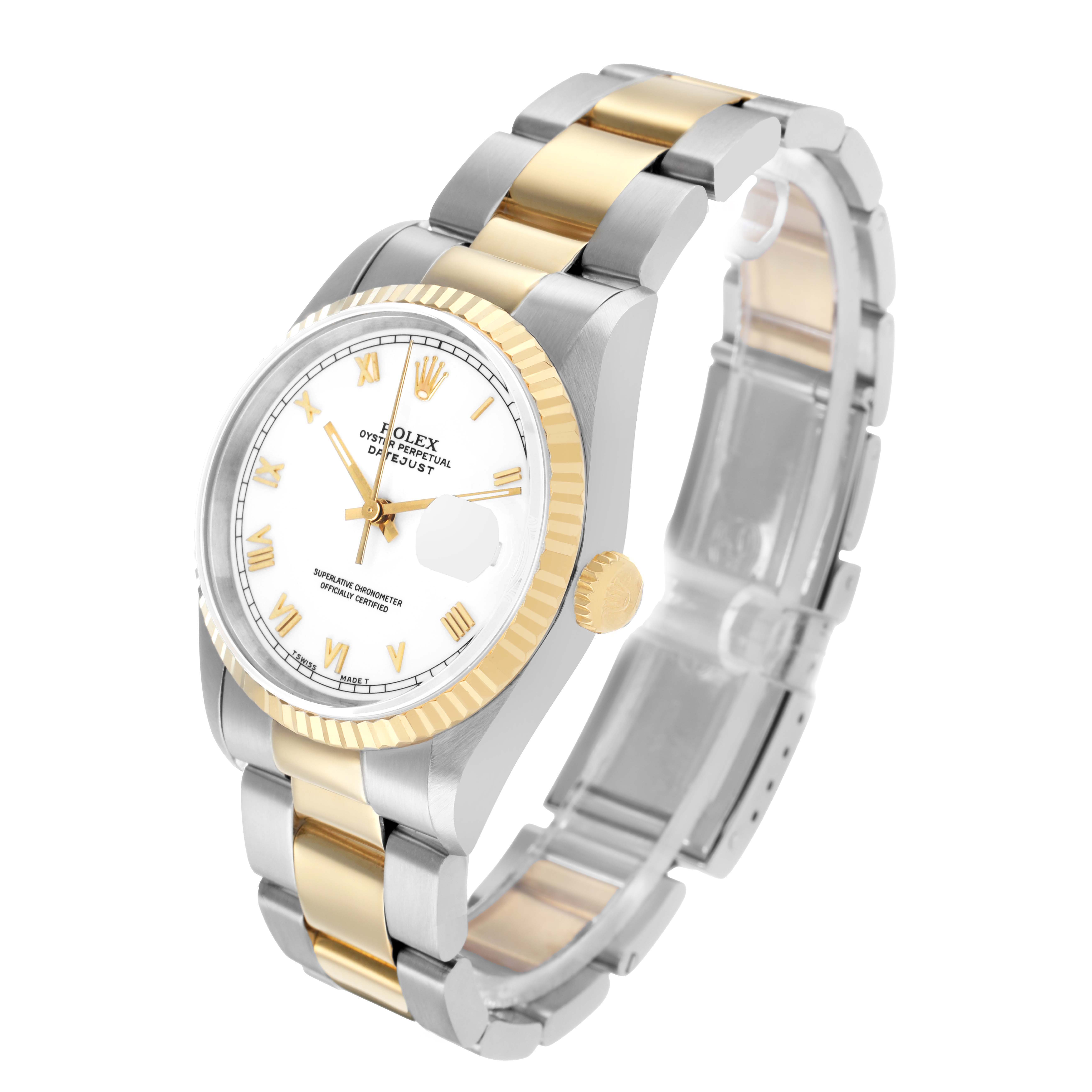 The Rolex Datejust 16233 Men's Steel and Gold (two tone) White Dial watch is shown at a three-quarter angle, highlighting the dial, bezel, and two-tone bracelet.
