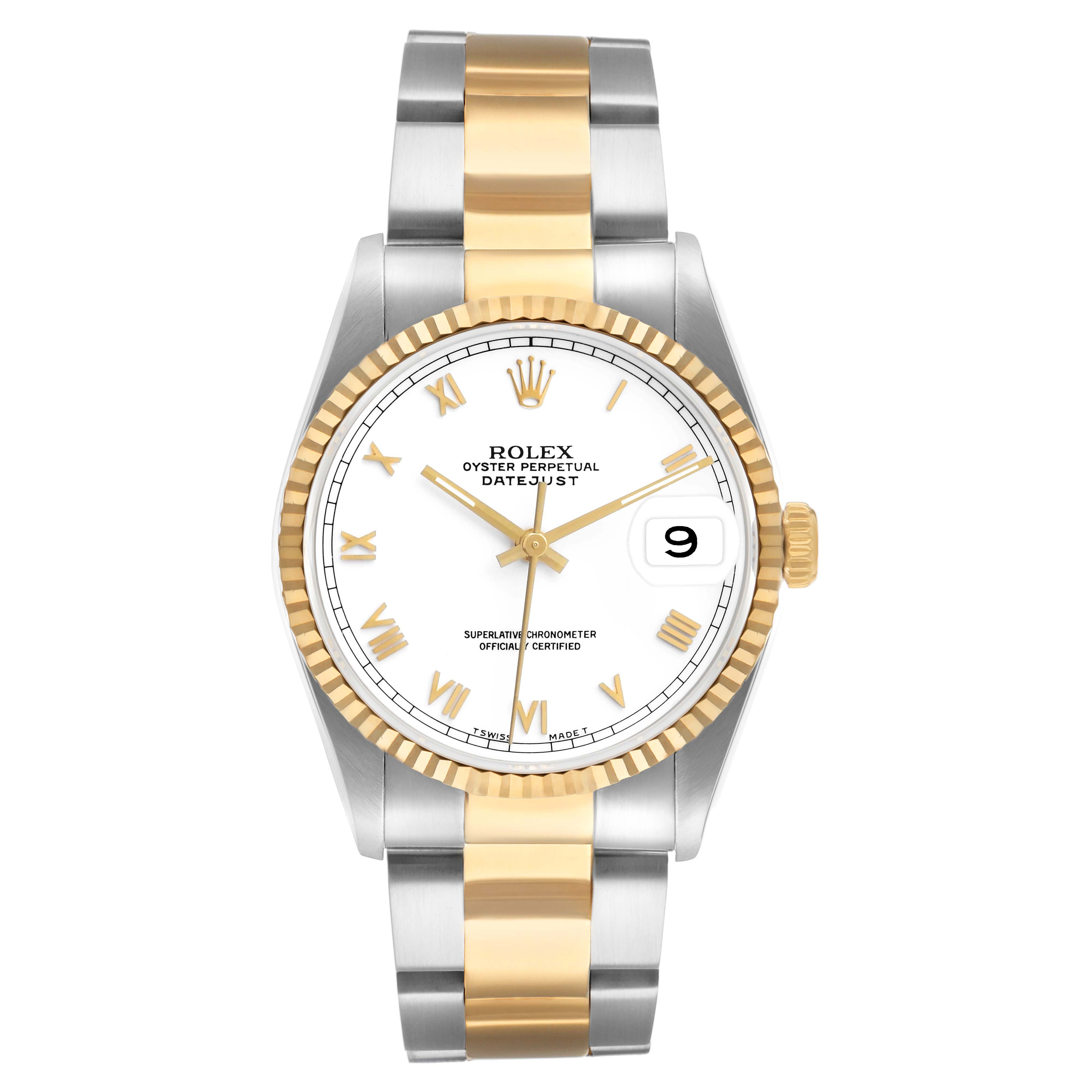 The Rolex Datejust 16233 Men's Steel and Gold (two tone) White Dial watch is shown from a top-down angle, displaying the dial, bezel, bracelet, and crown.
