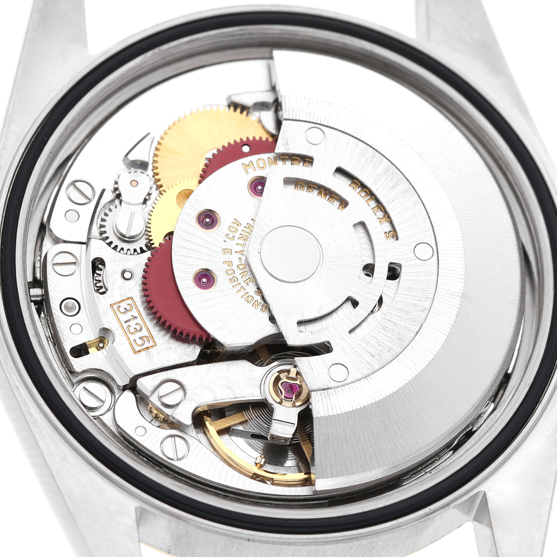 The image shows the movement of a Rolex Datejust 16233 Men's Stainless Steel White Dial watch, highlighting the gears, rotor, and inner workings from a top-down angle.
