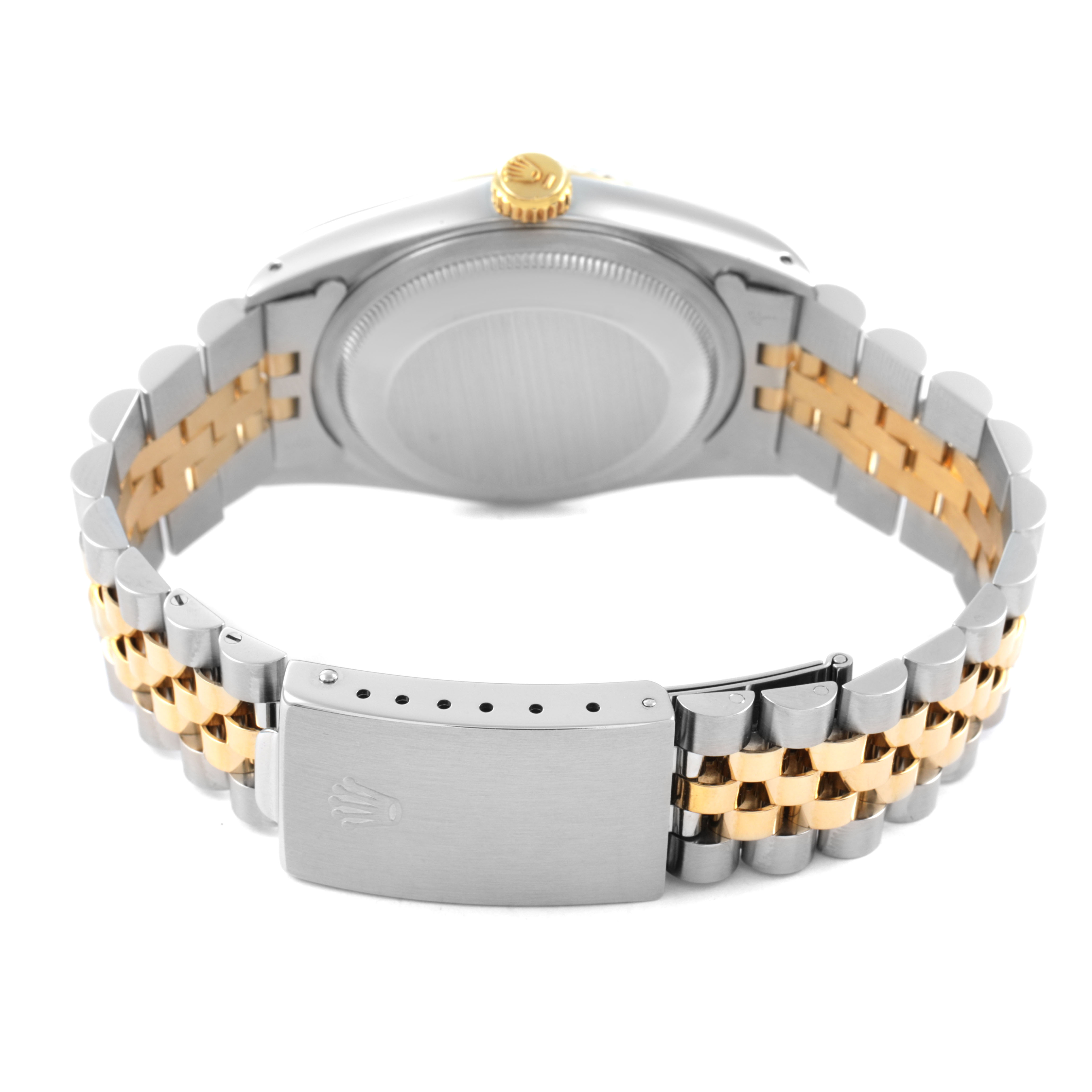 The image shows the back view of a Rolex Datejust 16233 Men's Stainless Steel White Dial watch, highlighting the clasp, bracelet, and crown.