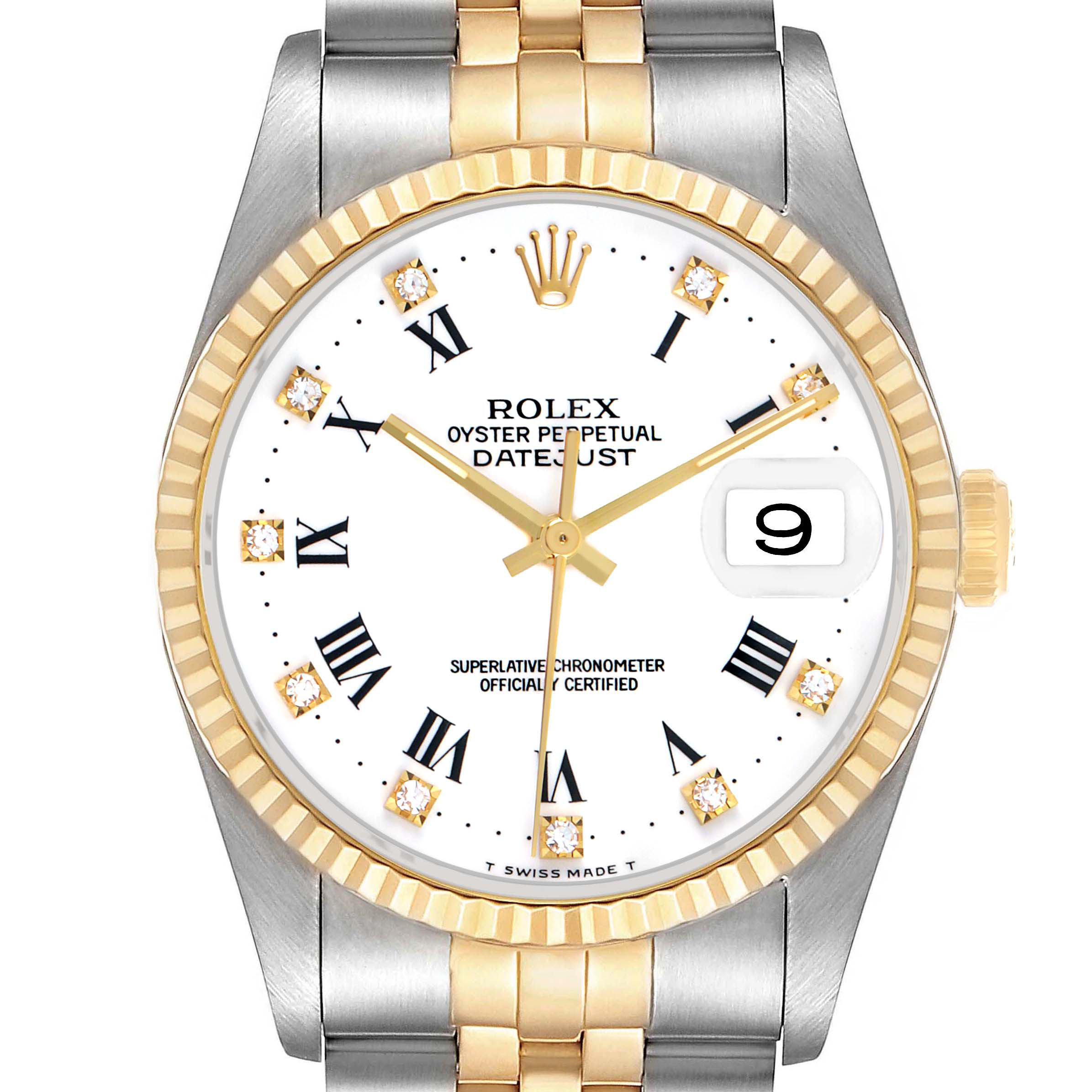 The image shows a Rolex Datejust 16233 Men's Stainless Steel White Dial watch from the front, highlighting the gold and silver bracelet, fluted bezel, and date window.