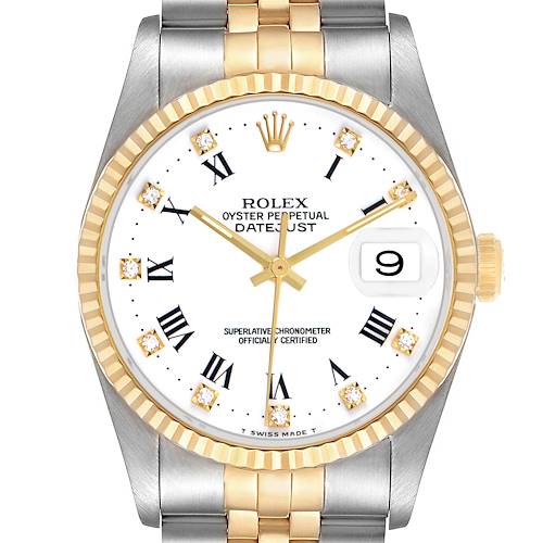 The Rolex Datejust 16233 Men's Stainless Steel White Dial model is shown from a front angle, highlighting the face, bezel, and part of the bracelet.