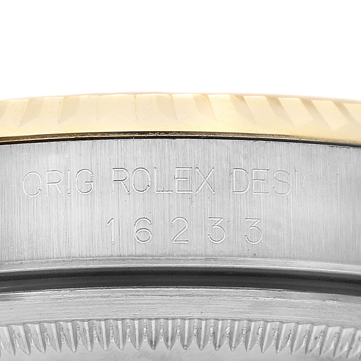 The image shows an engraved side view of the Rolex Datejust 16233 Men's Stainless Steel White Dial model case with its model number visible.