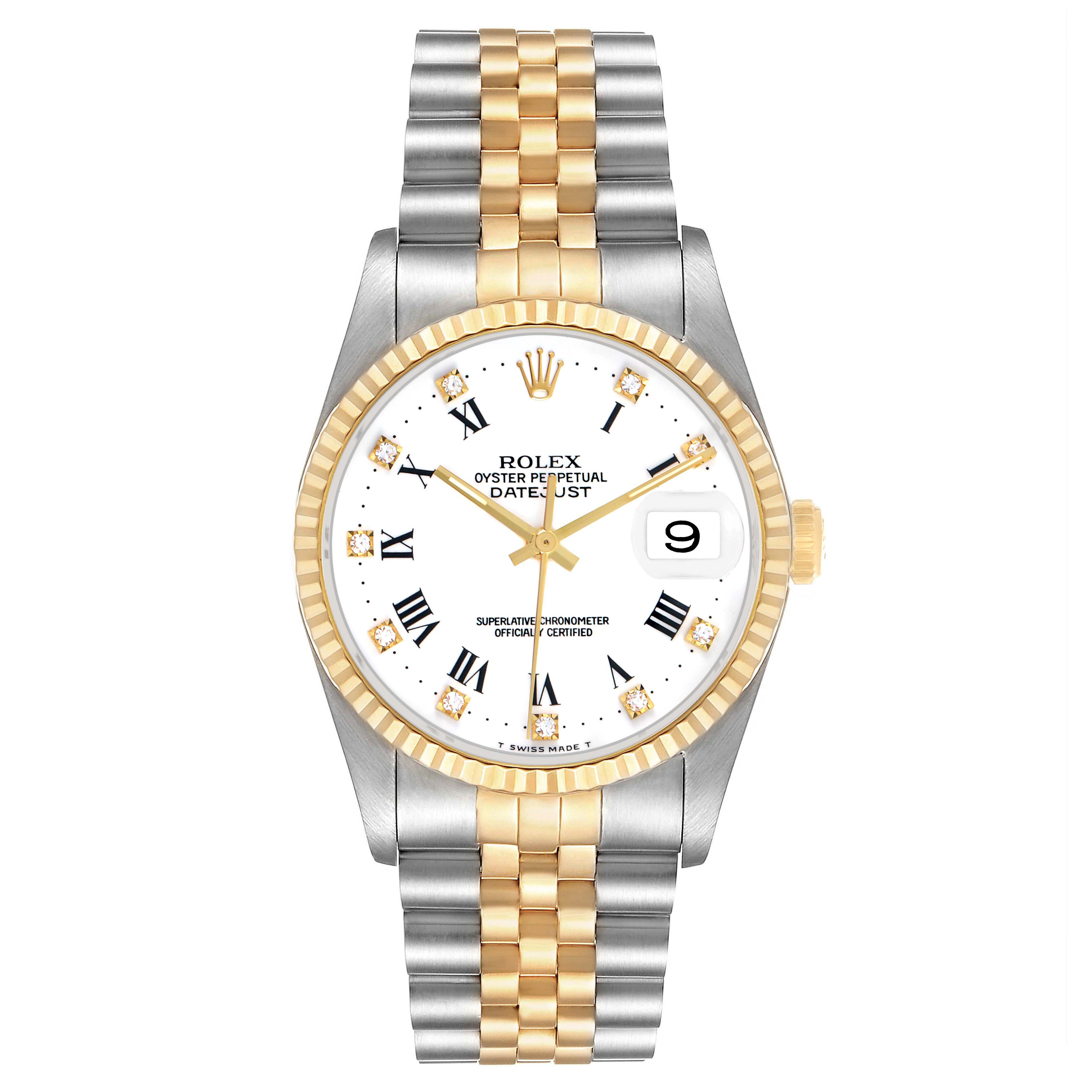 The Rolex Datejust 16233 Men's Stainless Steel White Dial watch is shown from a front angle, highlighting its dial, bezel, and two-tone bracelet.