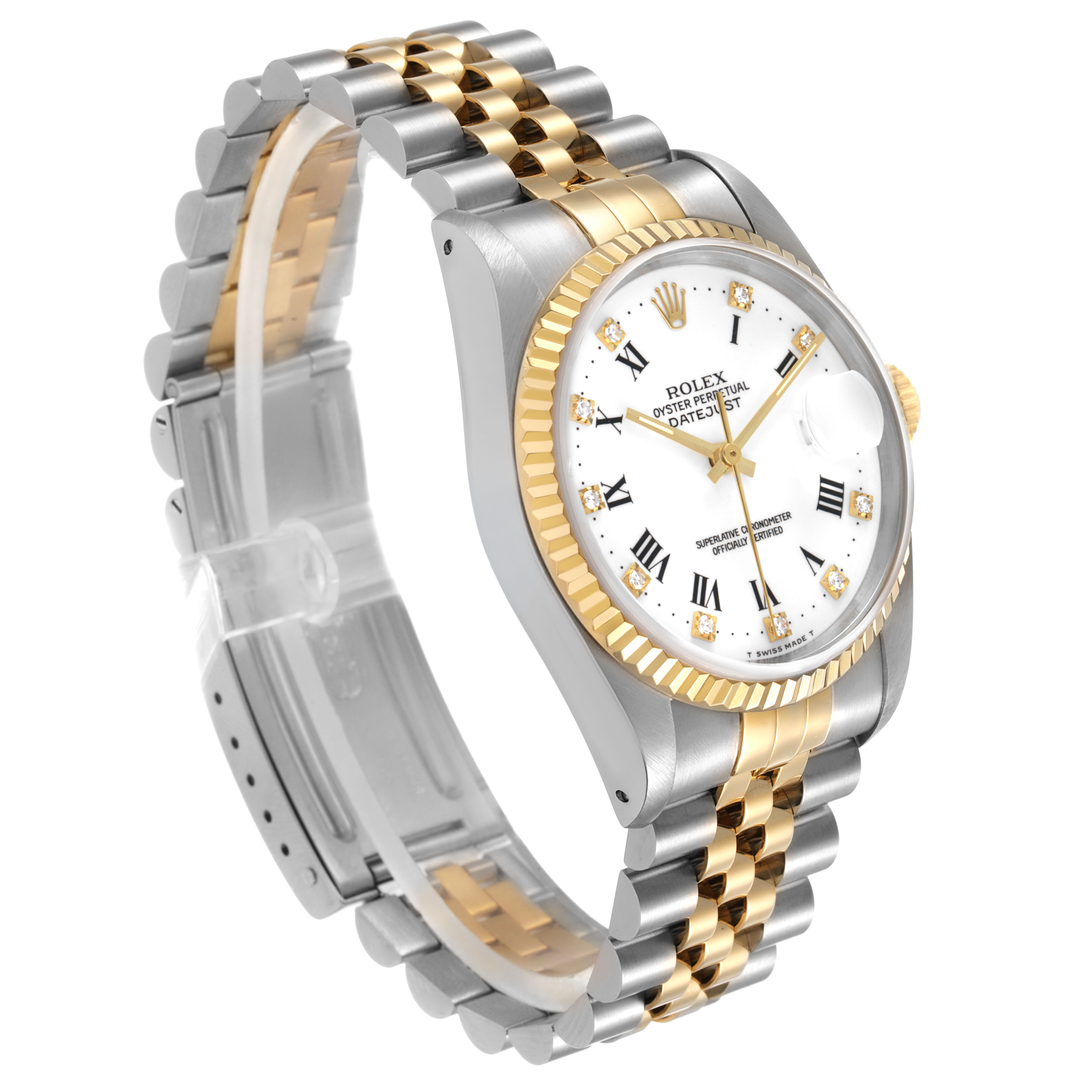 The Rolex Datejust 16233 Men's Stainless Steel White Dial watch is shown at an angled side view, highlighting its two-tone bracelet and fluted bezel.