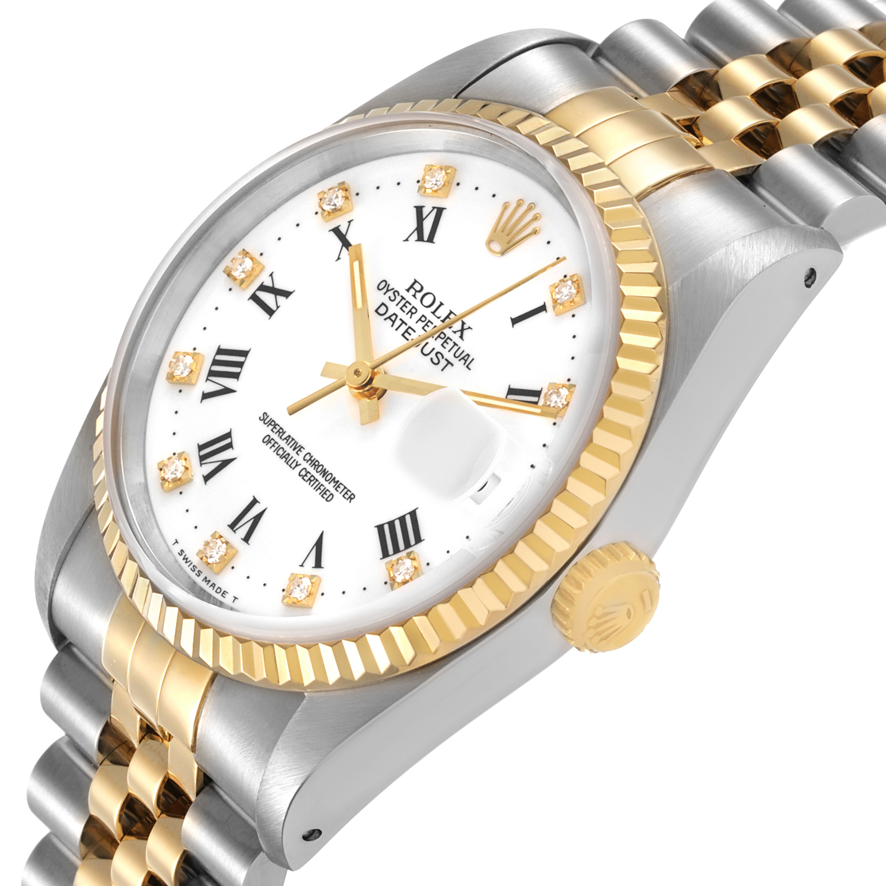 The Rolex Datejust 16233 Men's Stainless Steel White Dial watch is shown at a tilted angle, displaying the face, bezel, crown, and partial bracelet.