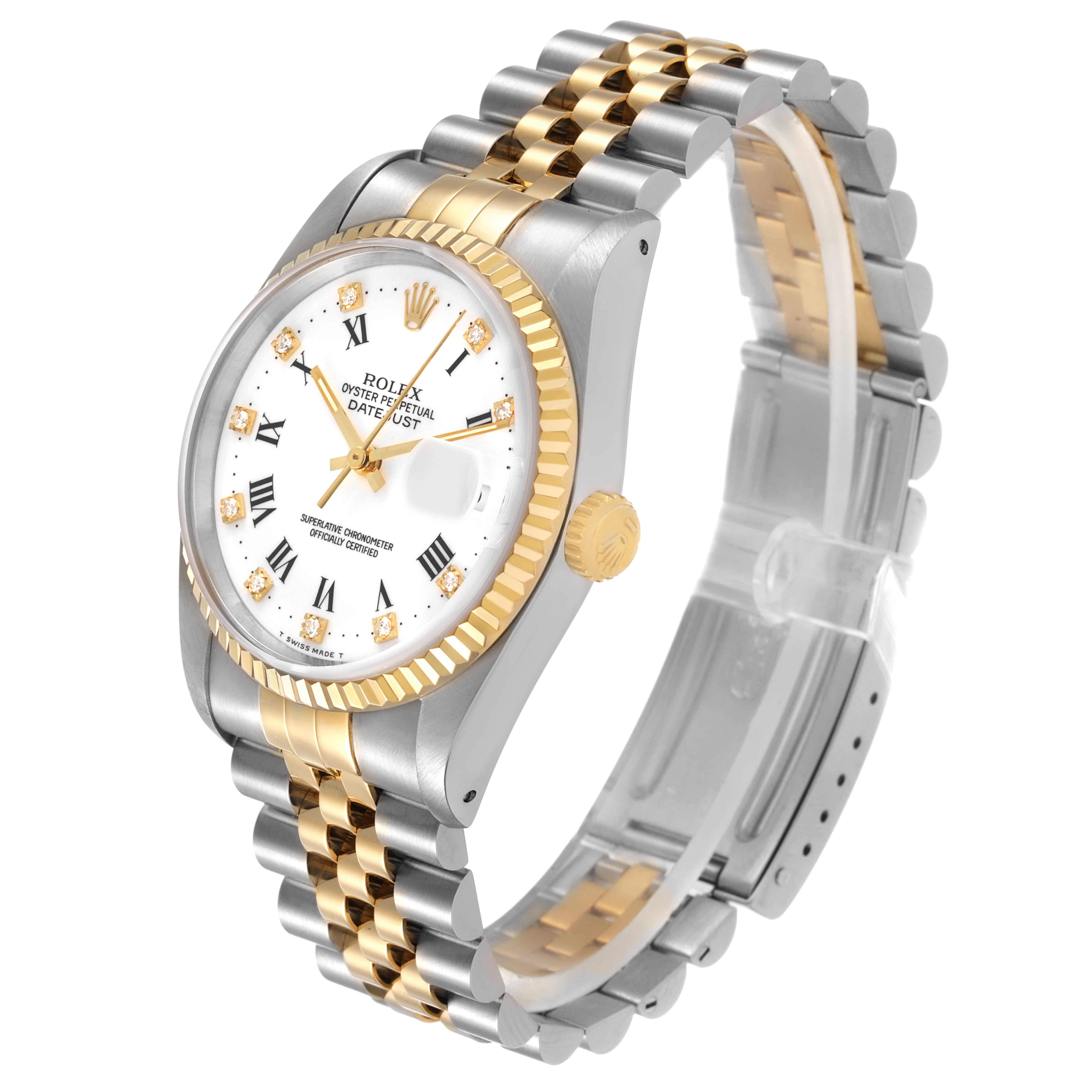 The Rolex Datejust 16233 Men's Stainless Steel White Dial watch is shown at a slight angle, displaying the face, bezel, crown, and part of the bracelet.