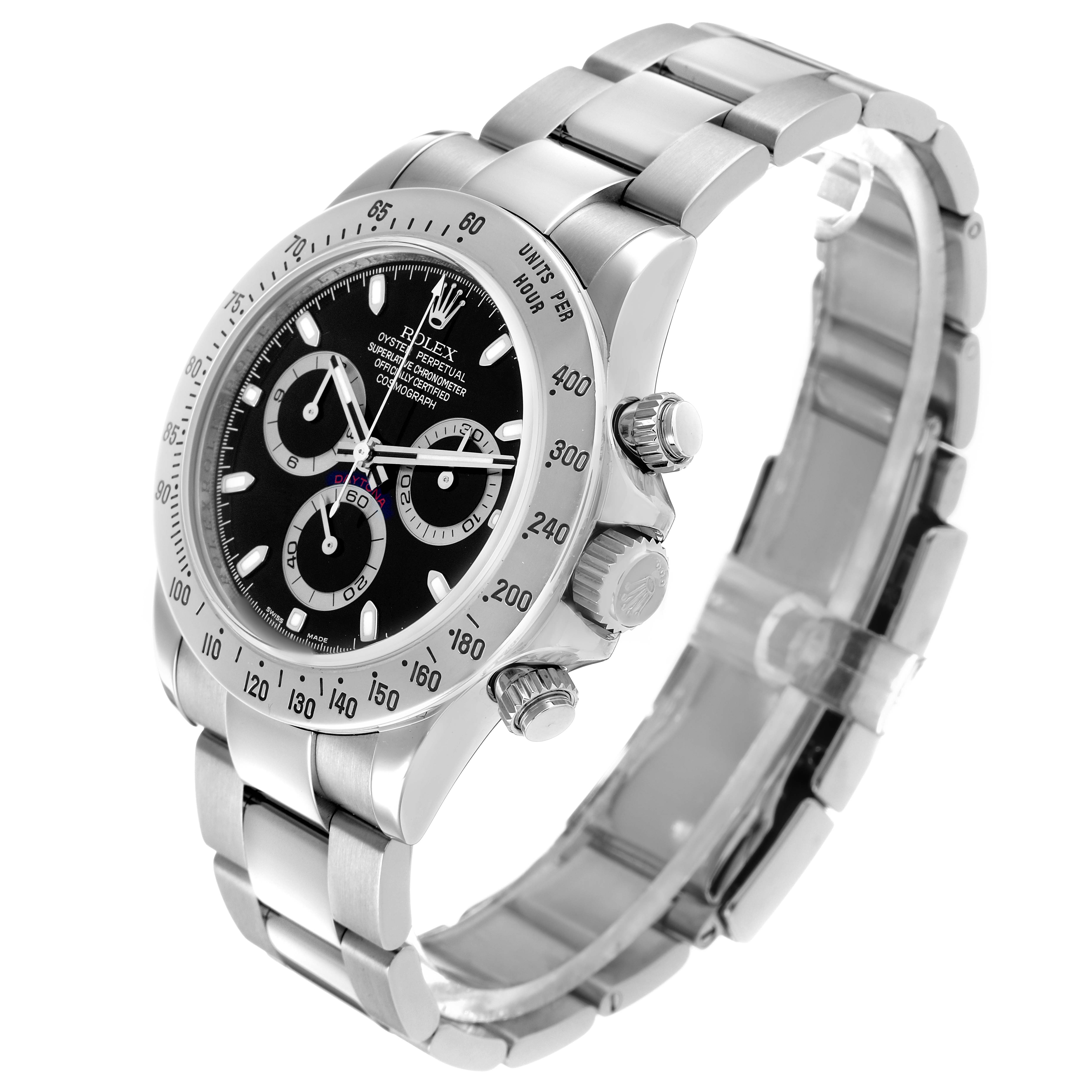 The Rolex Daytona 116520 Men's Stainless Steel Black Dial watch is shown at a slight angle, displaying the face, bezel, and metal bracelet.