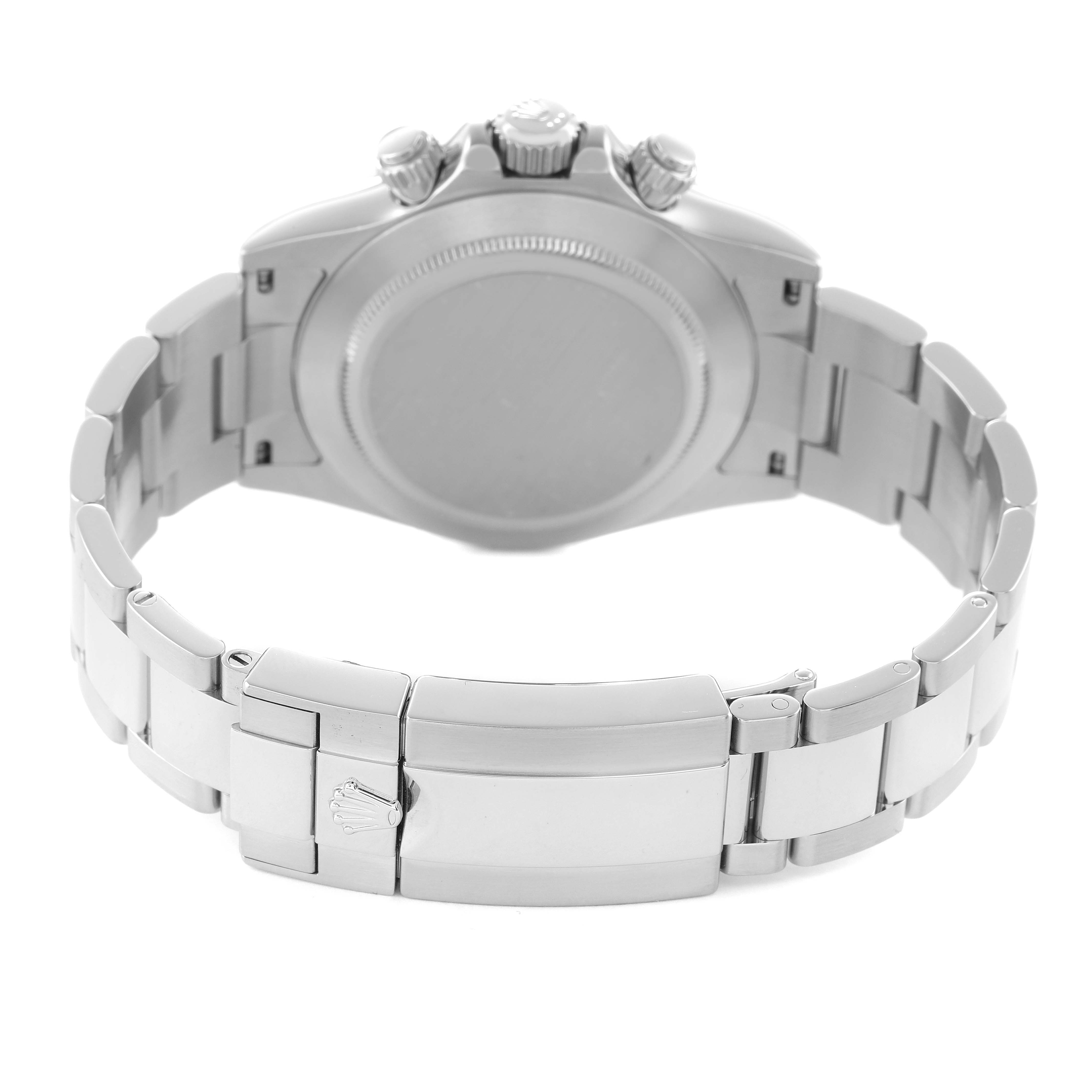 The image shows the rear view of a Rolex Daytona 116520 Men's Stainless Steel Black Dial watch, highlighting the bracelet and clasp.