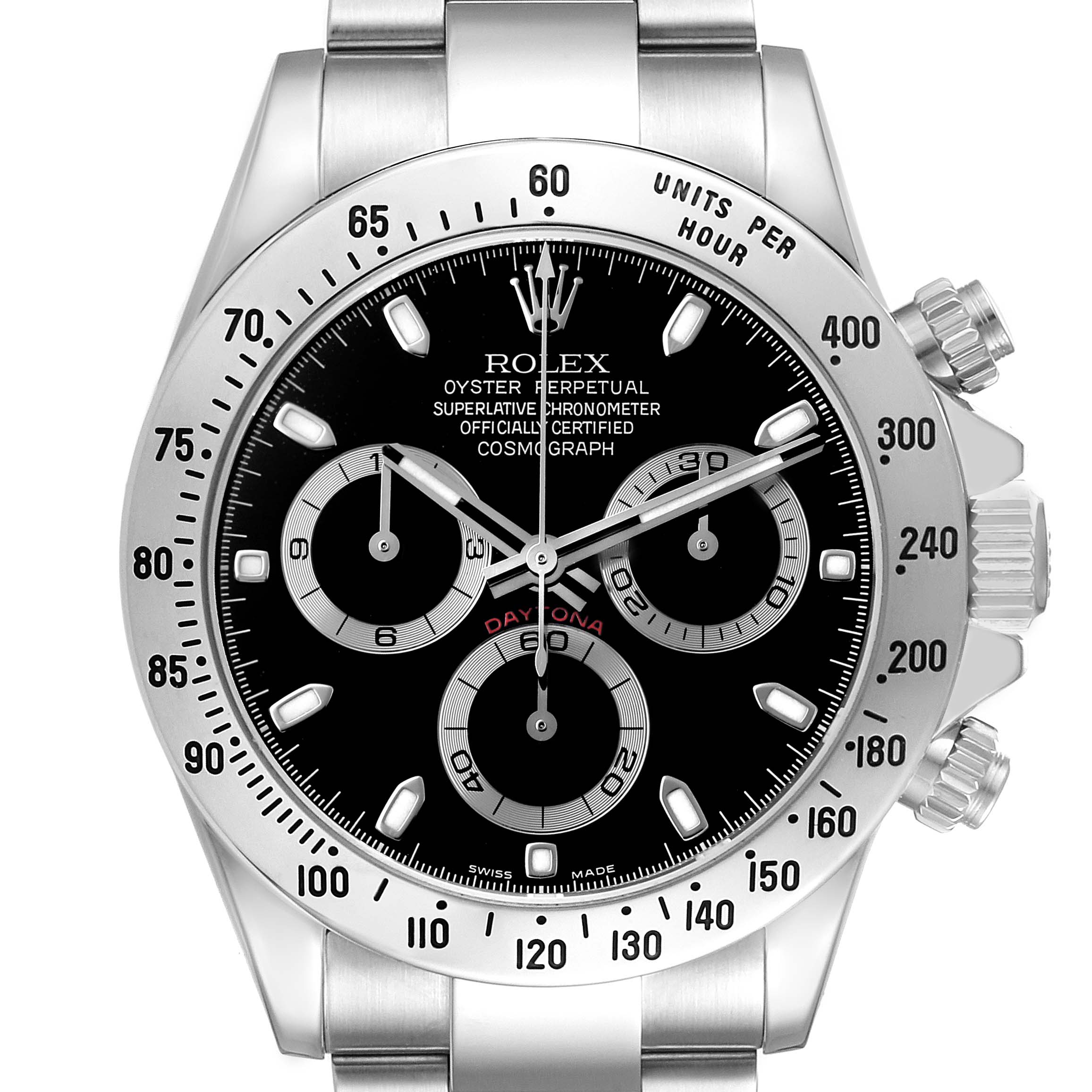 The Rolex Daytona 116520 Men's Stainless Steel Black Dial watch is shown from a front angle, highlighting its dial, bezel, and chronograph sub-dials.