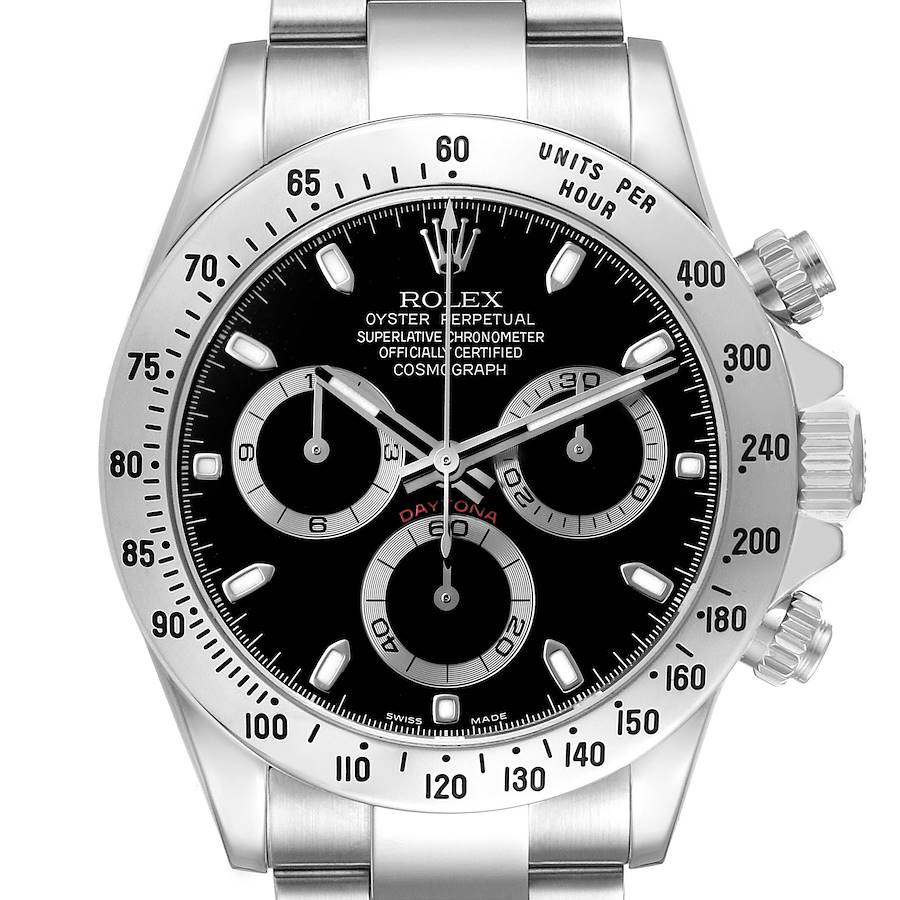 The Rolex Daytona 116520 Men's Stainless Steel Black Dial watch is shown from a front angle, highlighting its dial, bezel, and chronograph sub-dials.