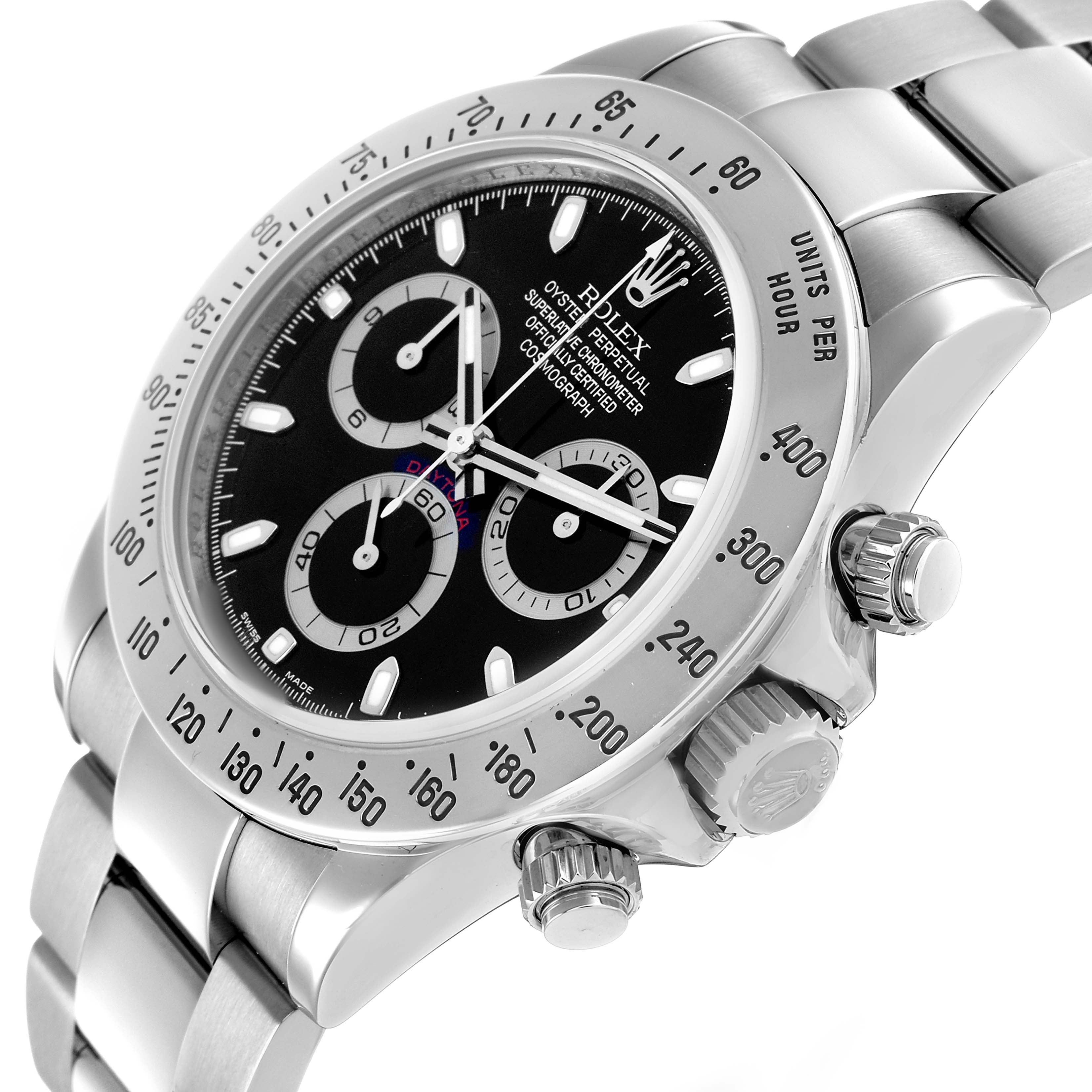 The Rolex Daytona 116520 Men's Stainless Steel Black Dial watch is shown at an angle displaying the dial, bezel, and side pushers.