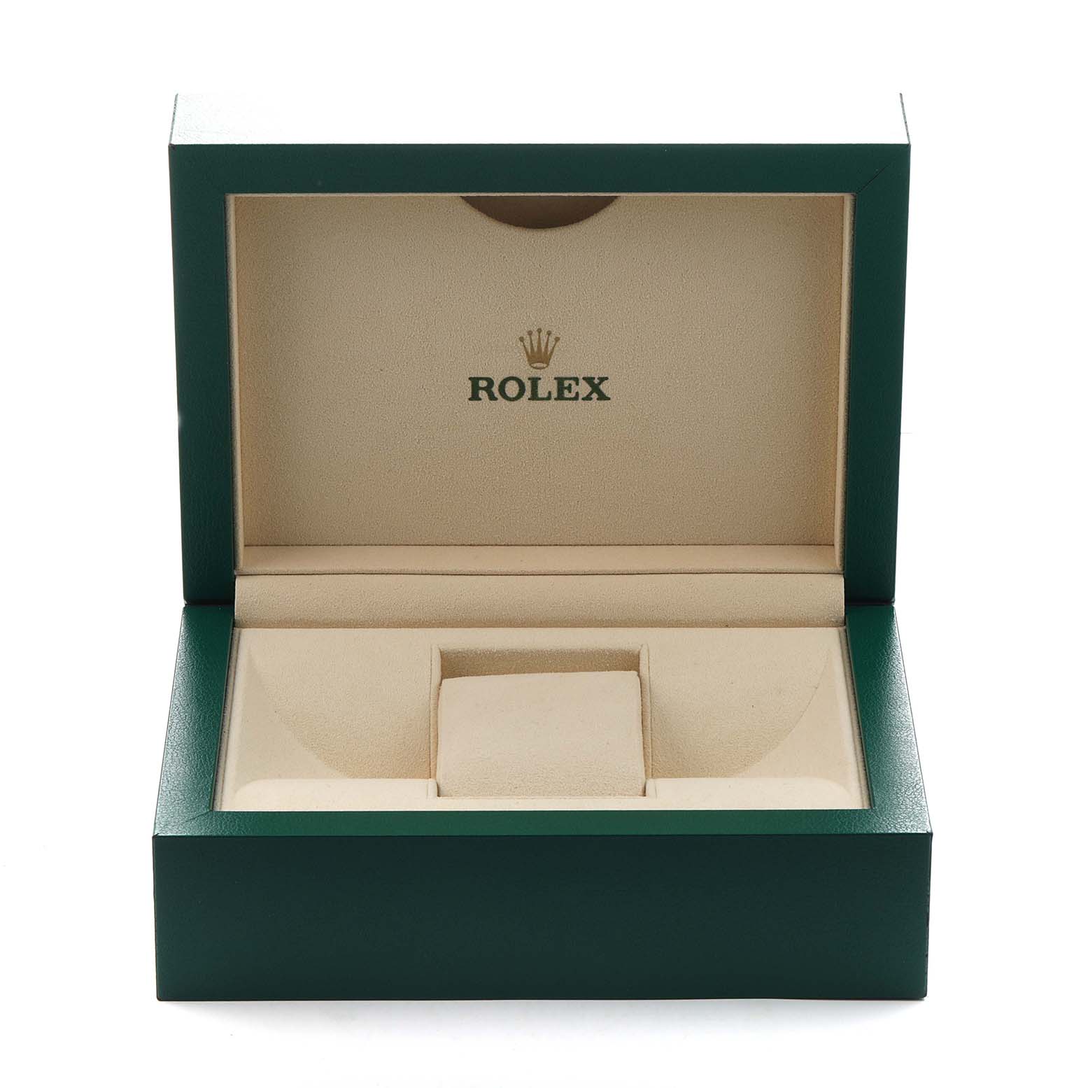The image shows an open green and beige box with "Rolex" branding, designed for a Rolex Daytona 116520 Men's Stainless Steel Black Dial watch.